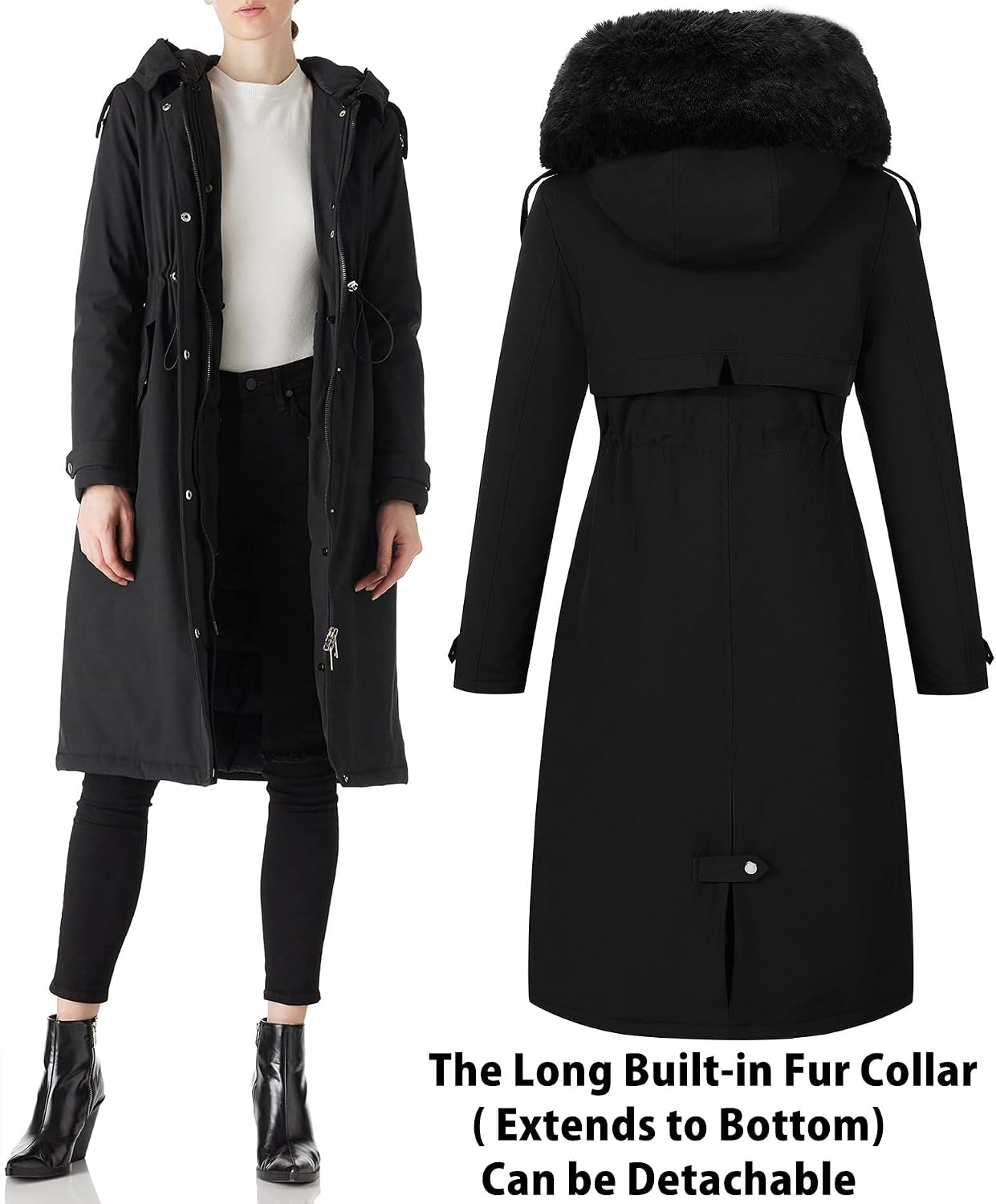 Detalle de RISISSIDA R7614 Women's Long Puffer Parka with Drawstring Waist and Fur-Trim Hood