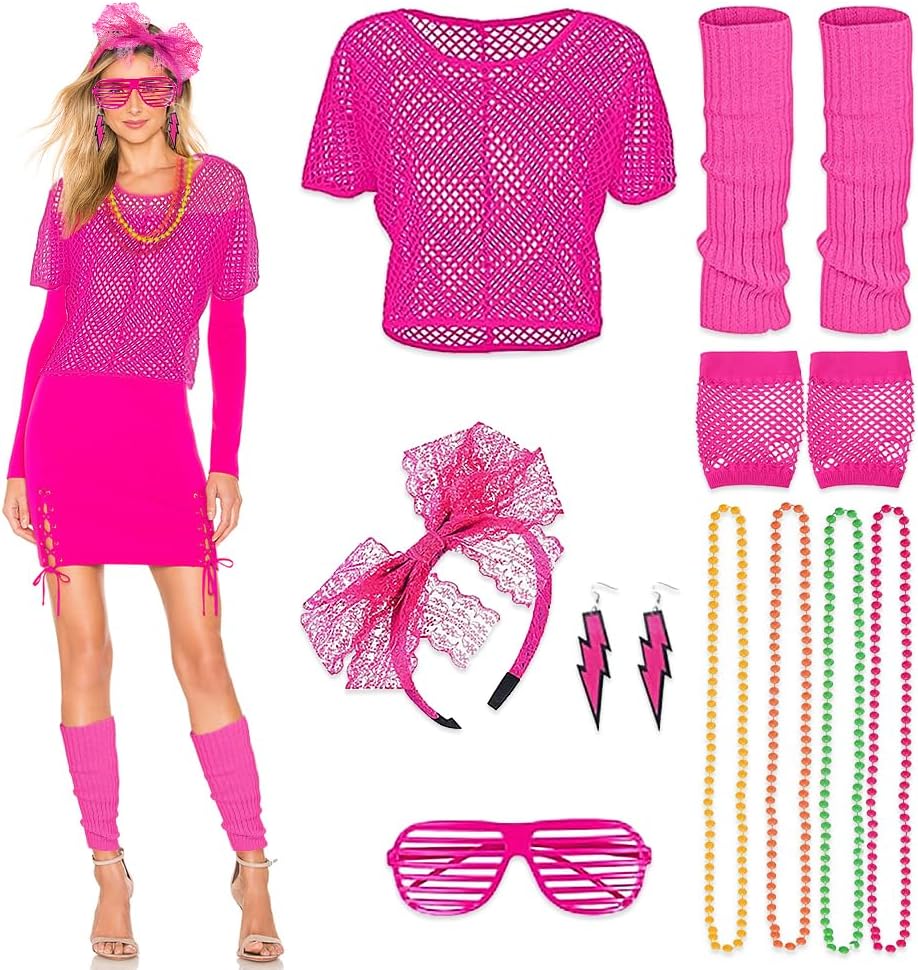 Detalle de mizikuu Neon-80er Damen-Outfit-Set mit Netzshirt, Brille und bunten Accessoires