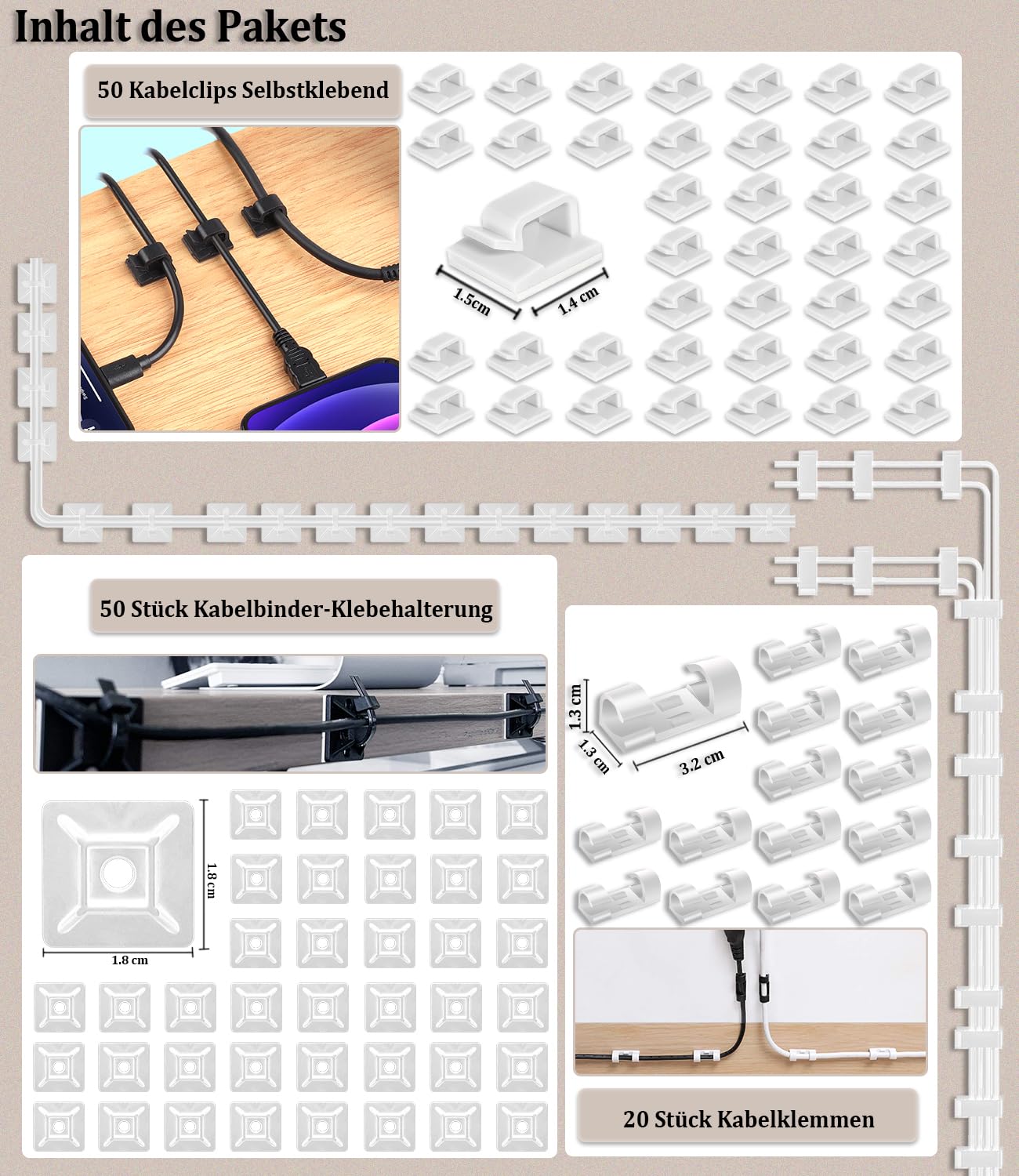Detalle 2 de MiuCo Kabelmanagement-Set Weiß mit Kabelbox – 255 Teile