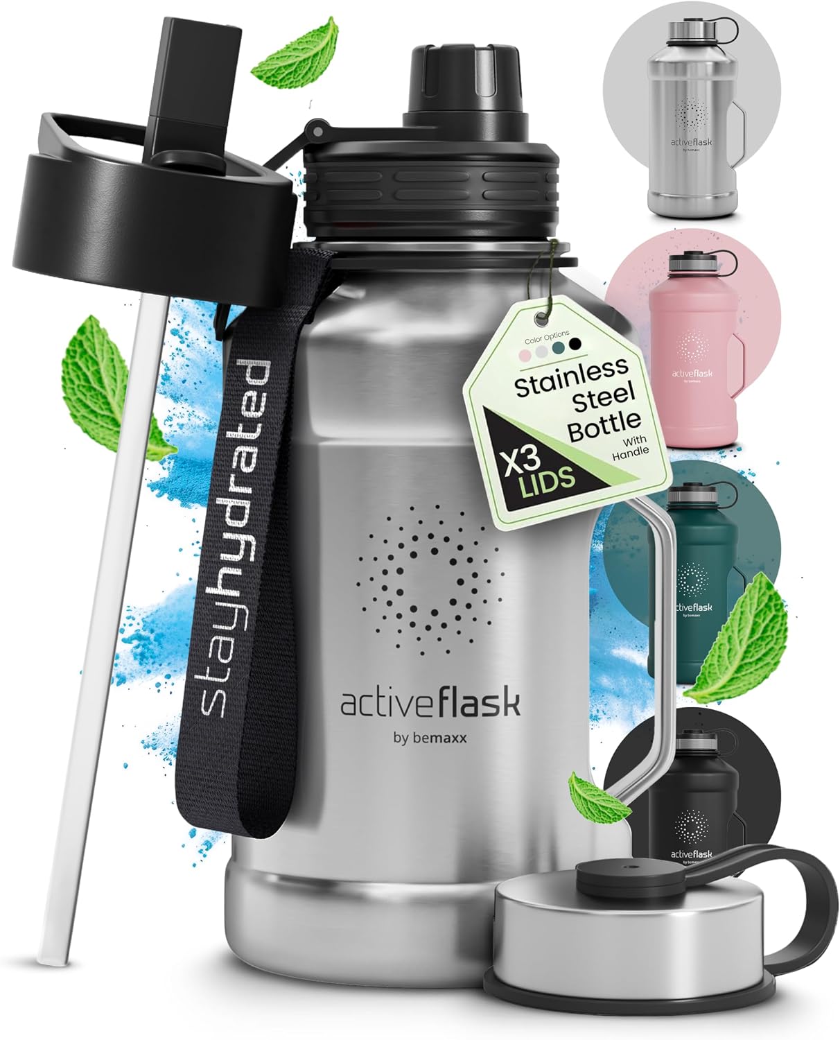 Detalle de Active Flask XL 1,3 L: borraccia in acciaio inox con cannuccia e 3 tappi, resistente a perdite