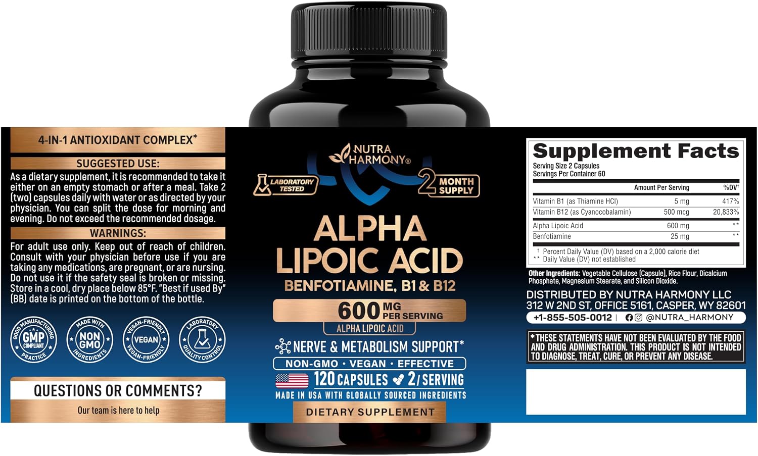 Detalle 2 de NUTRAHARMONY NH-ALACPS120 Alpha Lipoic Acid Capsules, 600 mg ALA