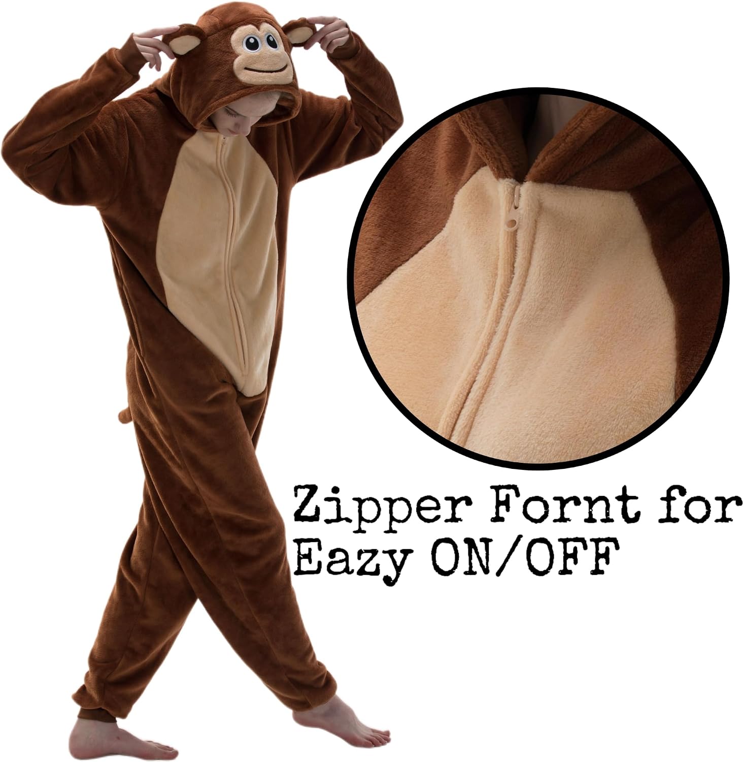 Detalle 2 de AILMQYJL Monkey Flannel Onesie Pajamas with Hood and Zipper