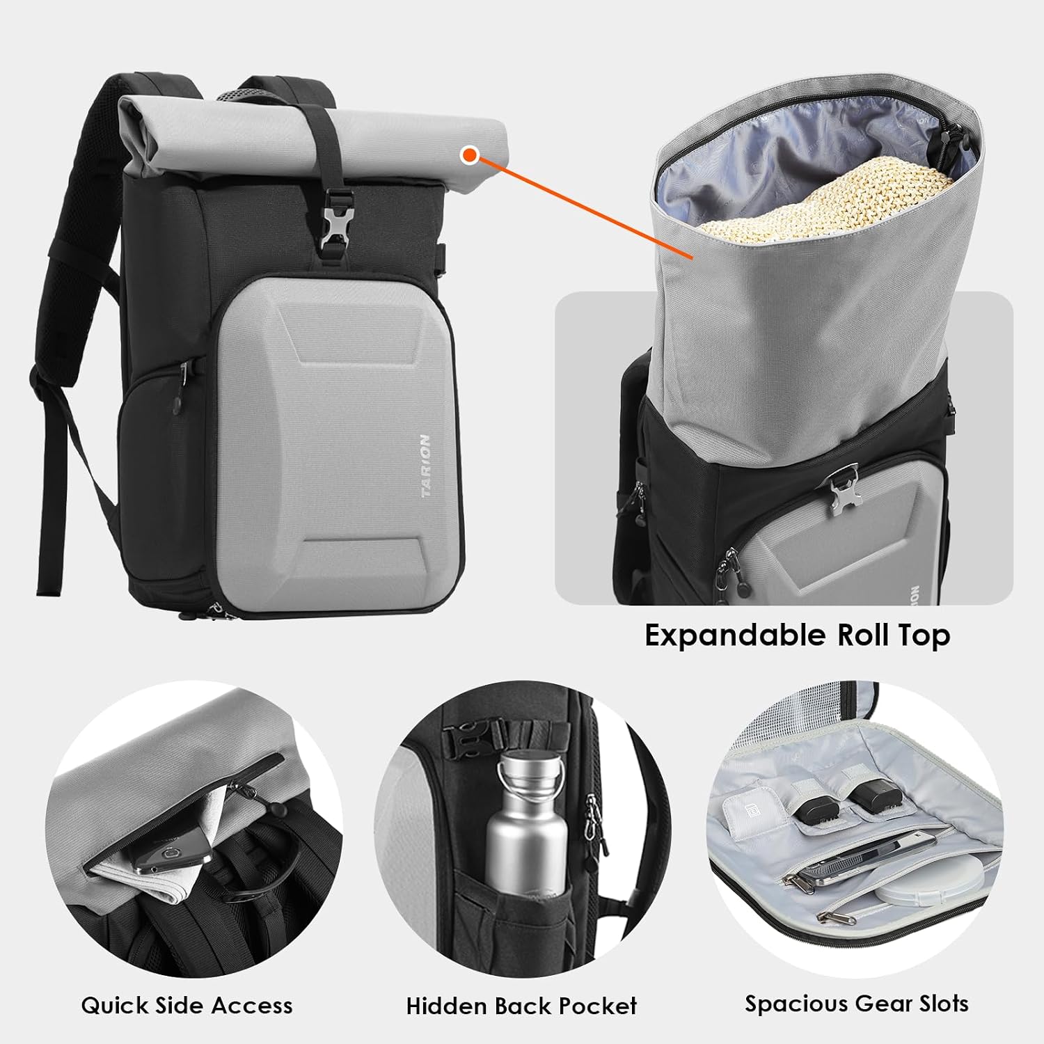 Thumbnail 4 de TARION Rolltop Camera Backpack with Hardshell – Expandable Large Camera Bag with 16 Inch Laptop Compartment & Side Access (Grey)