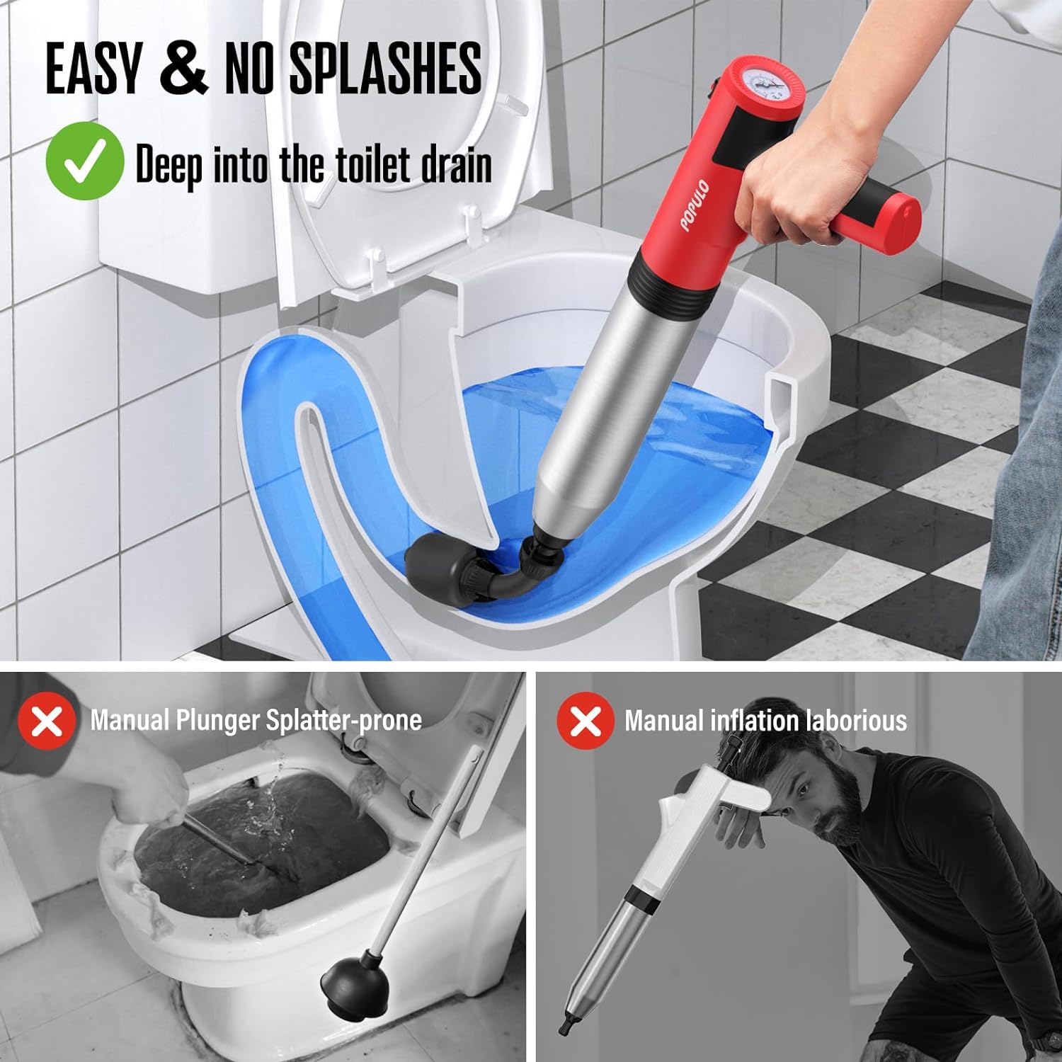 Detalle de POPULO Electric Toilet Plunger Swift High Pressure Drain Unclogger