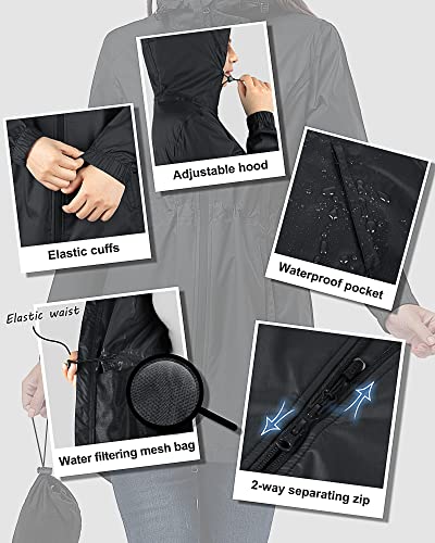 Detalle de 33,000ft Women's Lightweight Packable Waterproof Rain Jacket — Hooded, Long Style (Black, L/14)
