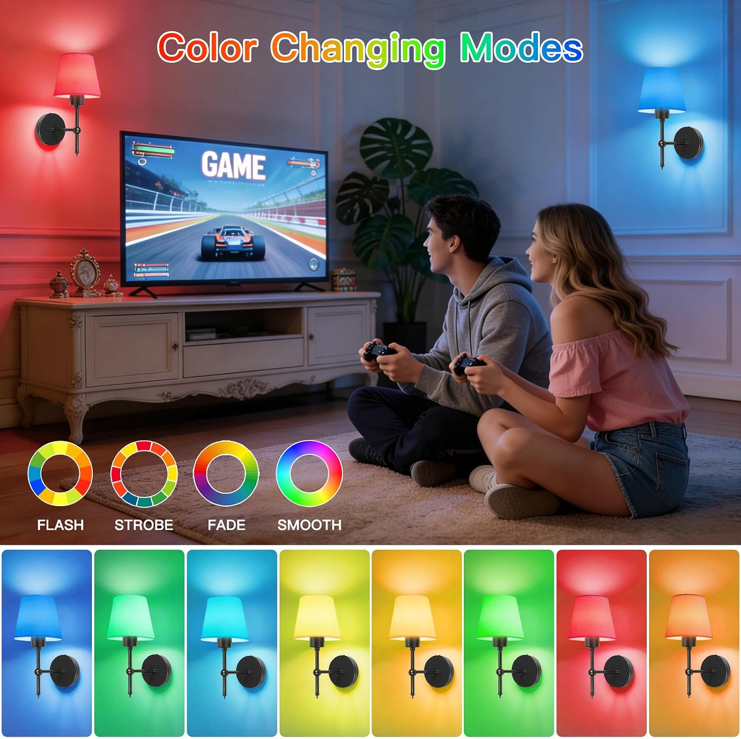 Thumbnail 5 de Dehobo Battery Operated Wall Lights Set of 2 with Remote, RGB & 3CCT — Black Fabric Shade