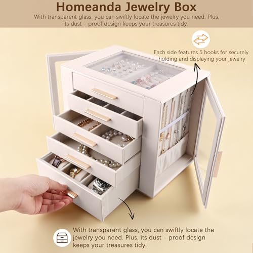 Detalle 2 de Homeanda Schmuckkästchen Groß, 5 Etagen Box mit Glasdeckel, Beige – stilvoll organisiert