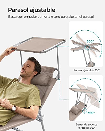 Thumbnail 4 de SONGMICS tumbona plegable con parasol y respaldo reclinable (193 x 53 x 29 cm, 150 kg) color topo