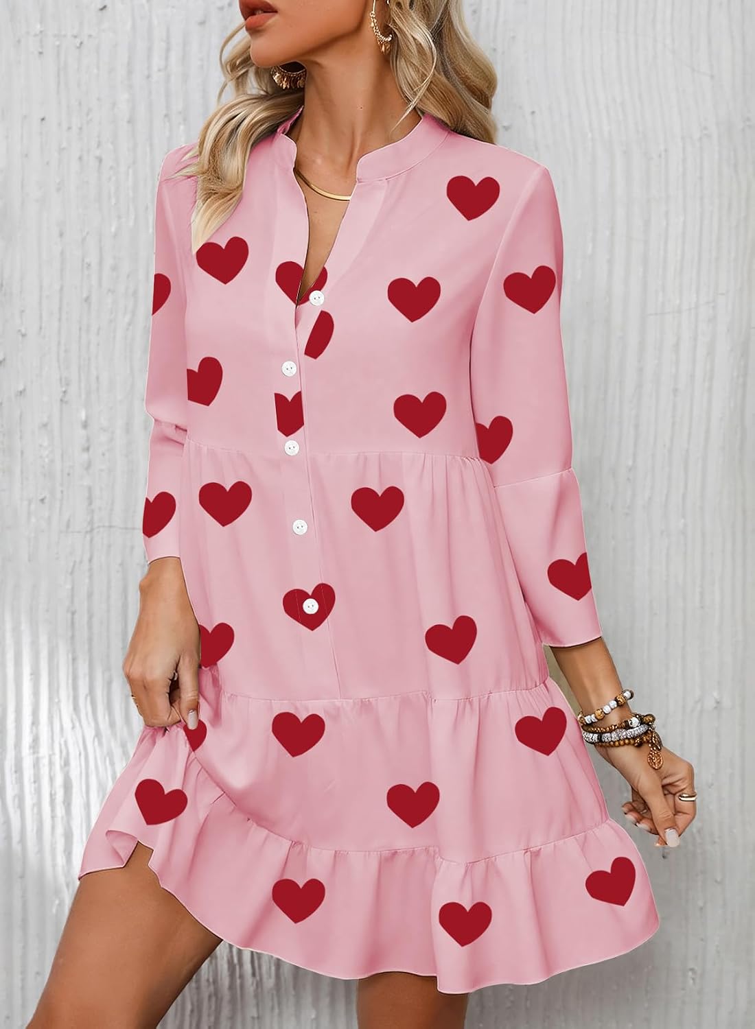 Detalle de Opemiby 2026 Flowy Ruffle Mini Dress — Boho 3/4 Sleeve V-Neck Babydoll