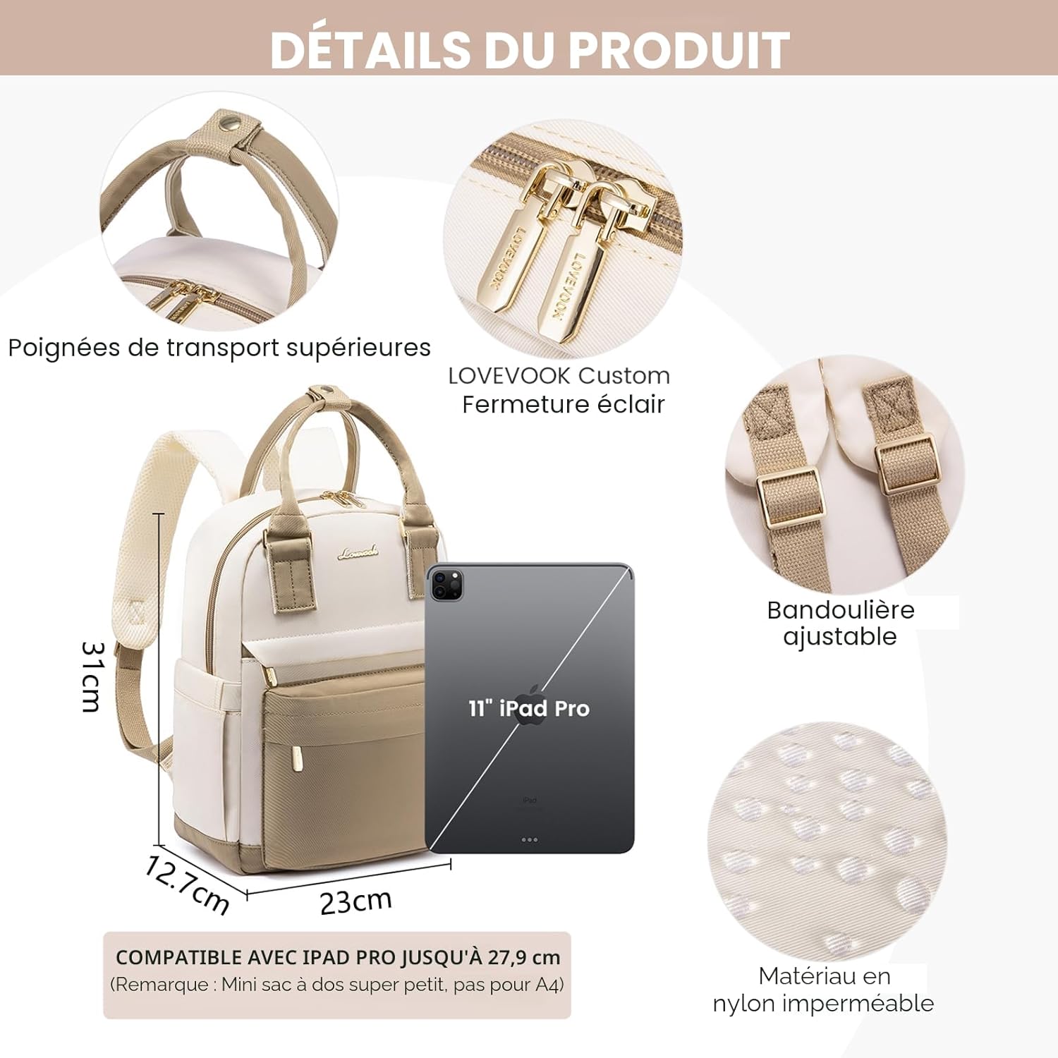 Detalle de LOVEVOOK Petit Sac à Dos Femme – Mini Sac à Dos Étanche et Antivol, USB Charge Portable, kaki/beige