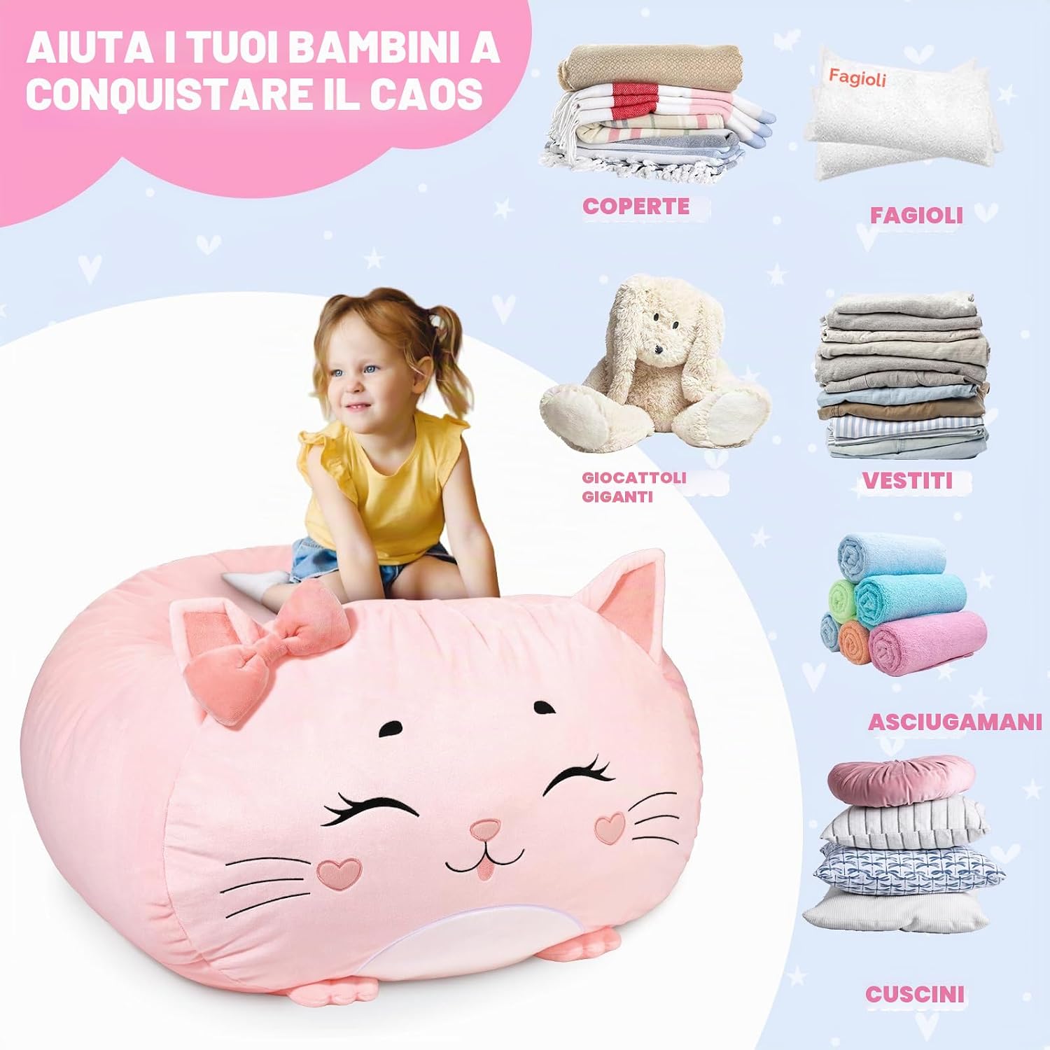 Thumbnail 2 de GAGAKU Pouf di peluche 60x60 cm XXL con copertura per bambini – Organizer morbido per la cameretta