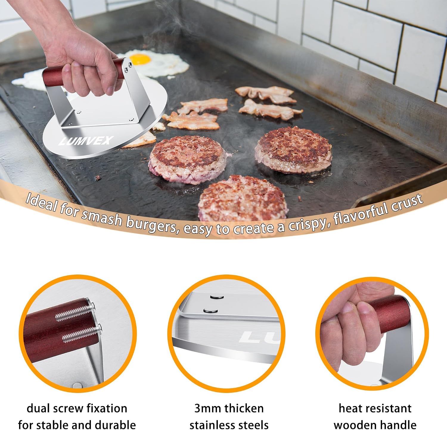 Detalle de Smash burgerpers van roestvrij staal, 16 cm, met antiaanbaklaag en houten handvat