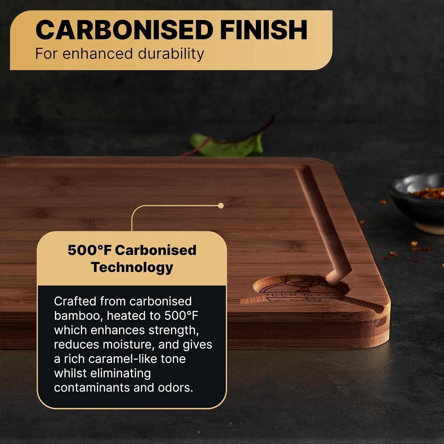 Detalle 2 de Deer & Oak Large Carbonised Bamboo Cutting Board 38×25×2 cm 🍽