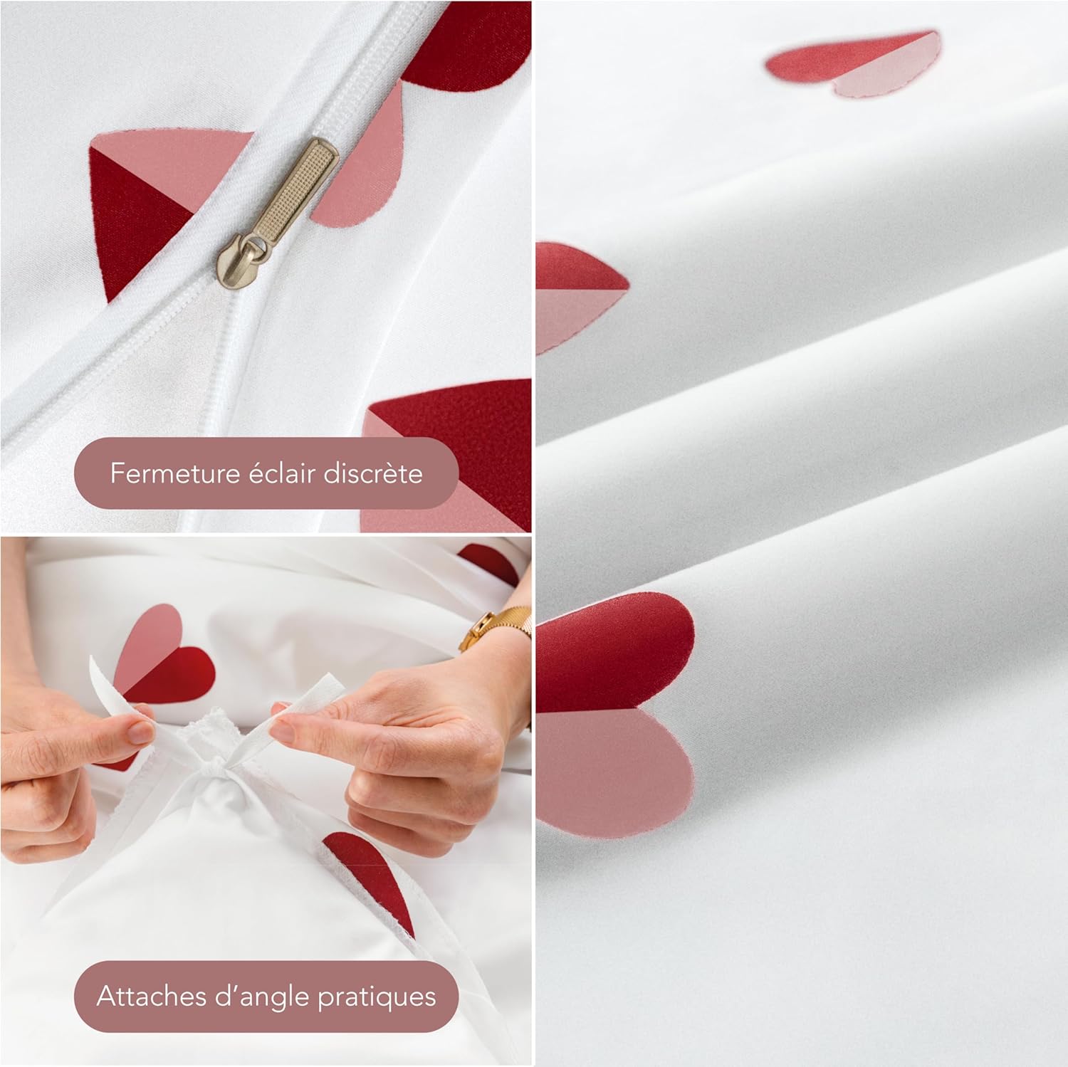 Thumbnail 3 de Dreamzie Housse de Couette 200x200 cm avec 2 Taies d'oreiller 80x80 cm – motif Cœur Rouge/Rose, Oeko-Tex