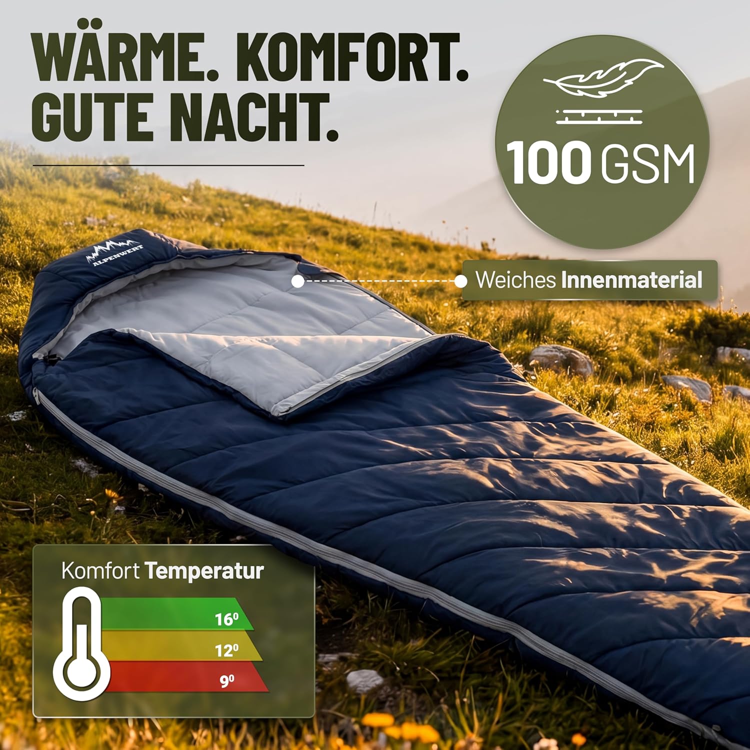 Detalle 2 de ALPENWERT Schlafsack Sommer Ultraleicht & klein – kompakt, wasserabweisend und komfortabel für Camping