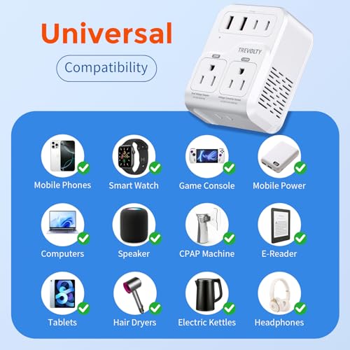 Detalle de TREVOLTY 2000W Voltage Converter US to Europe for Hair Dryers – 7-in-1 220V to 110V Travel Adapter (White)