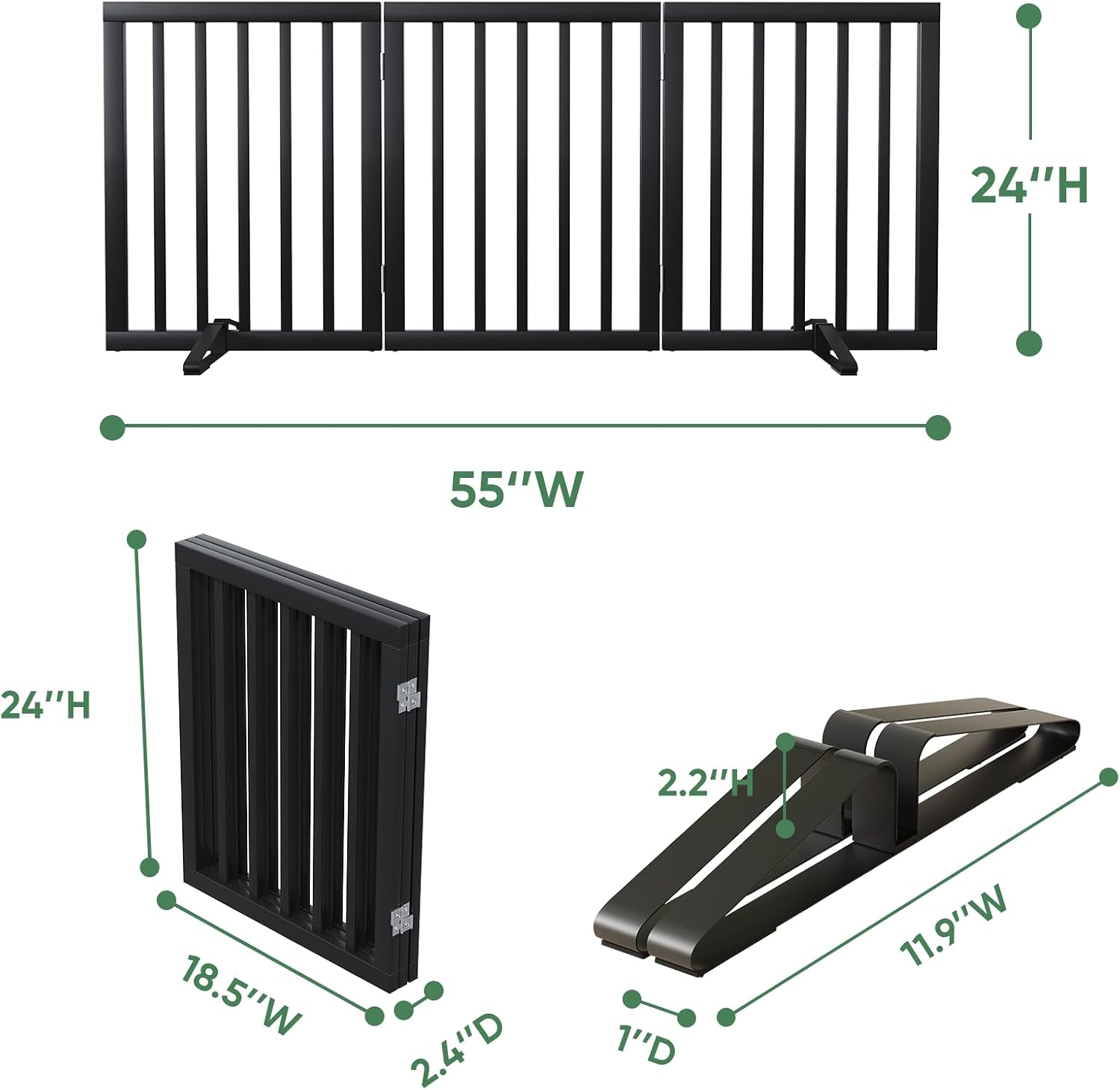 Detalle 2 de Algherohein Freestanding Foldable Dog Gate, 3-Panel Black Wood Divider