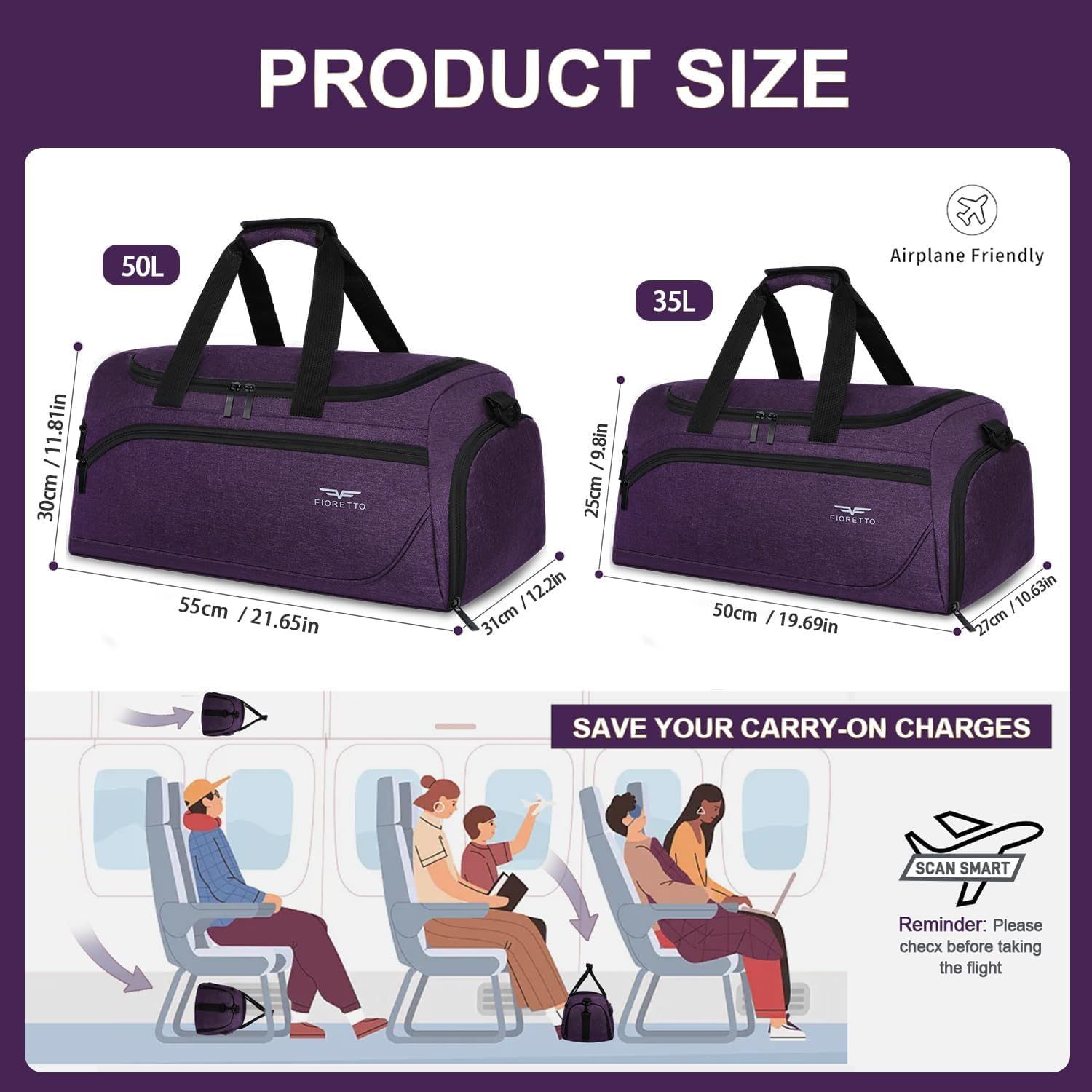 Detalle 2 de FIORETTO 50L Sporttasche & Reisetasche mit Schuhfach und Nassfach (lila)