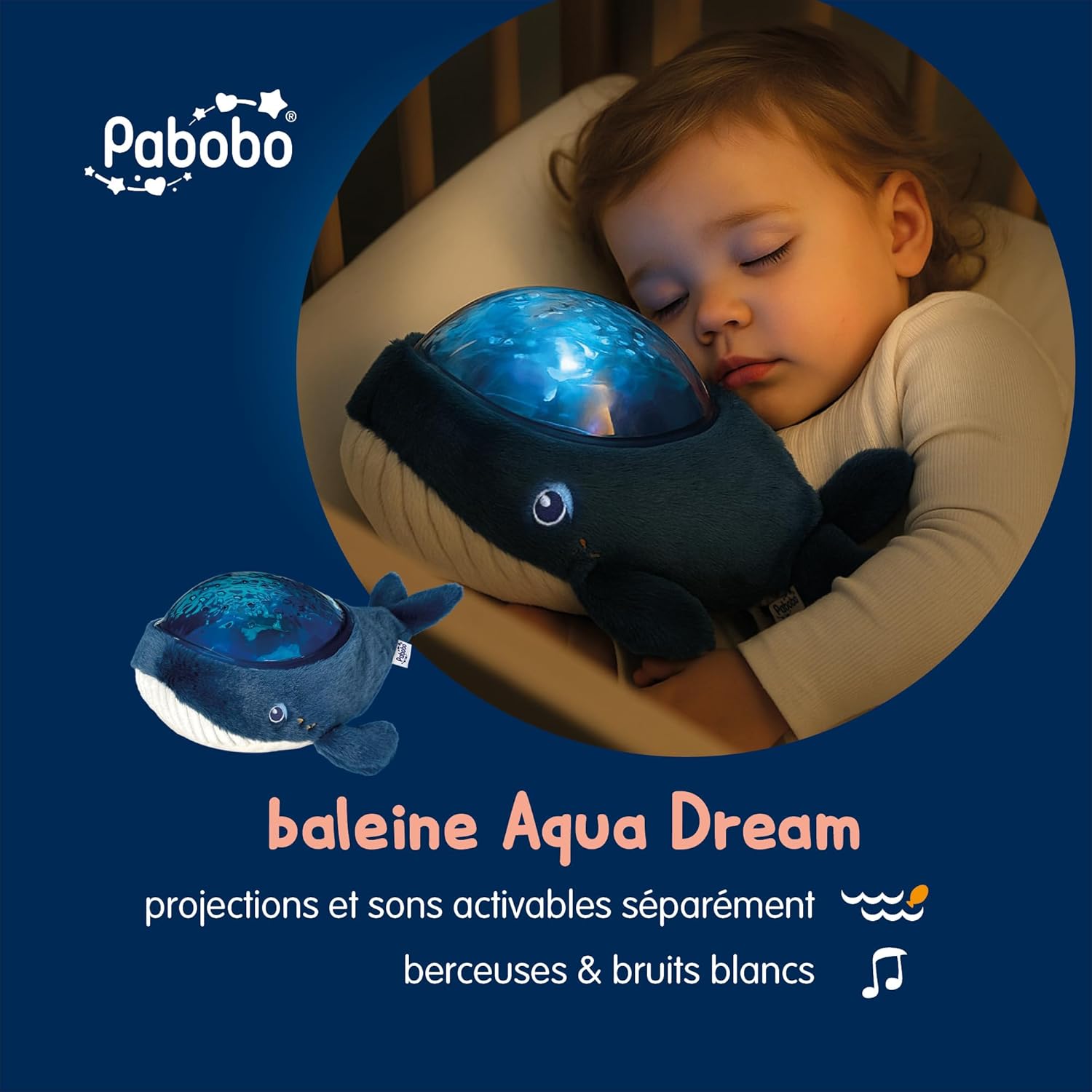 Thumbnail 1 de Pabobo Veilleuse peluche projecteur Baleine Aqua Dream : projections aquatiques, berceuses et bruits blancs