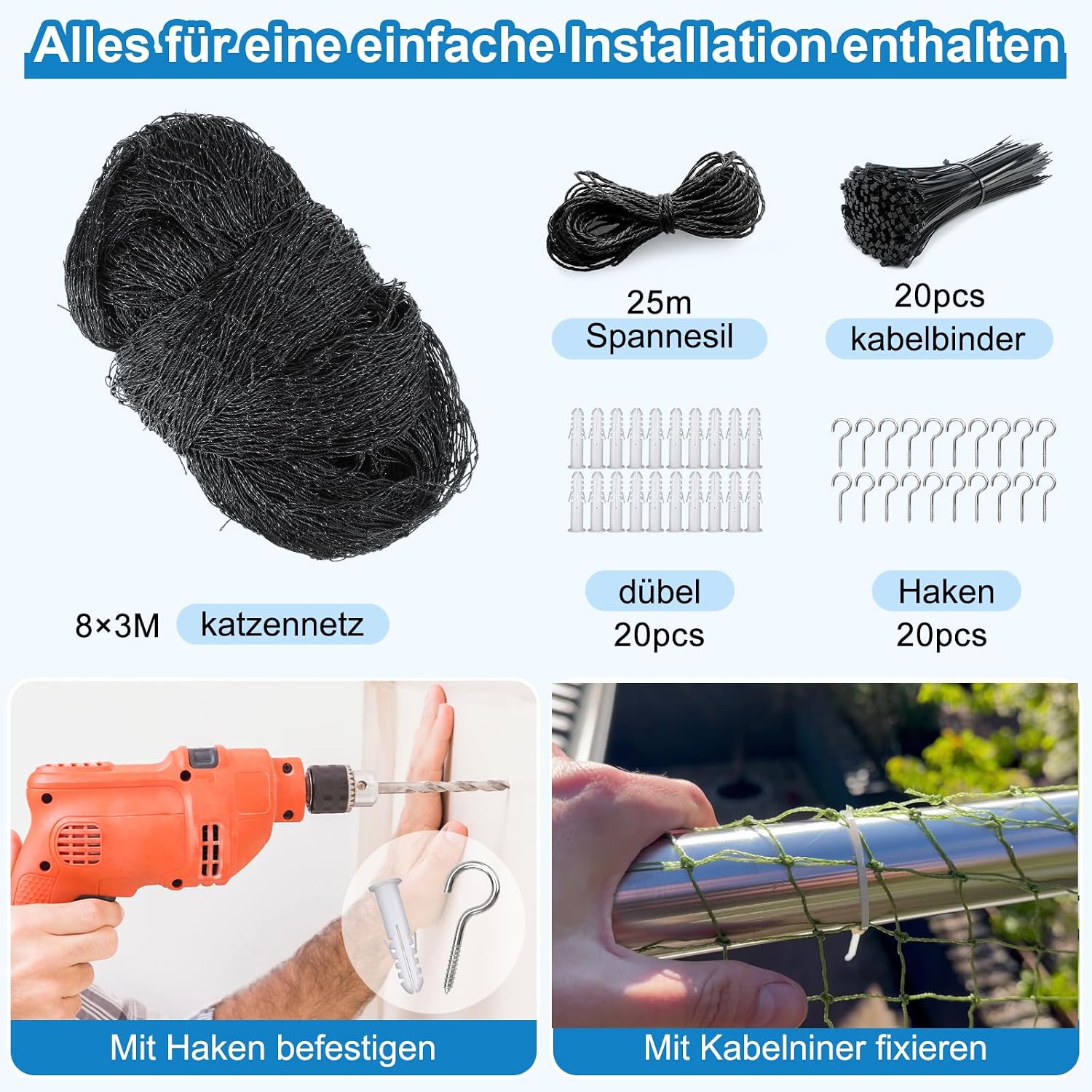 Thumbnail 6 de Aystkniet Katzennetz Balkon 8x3 m – Drahtverstärkt, UV-beständig, 12F Polyethylen mit Edelstahlkern