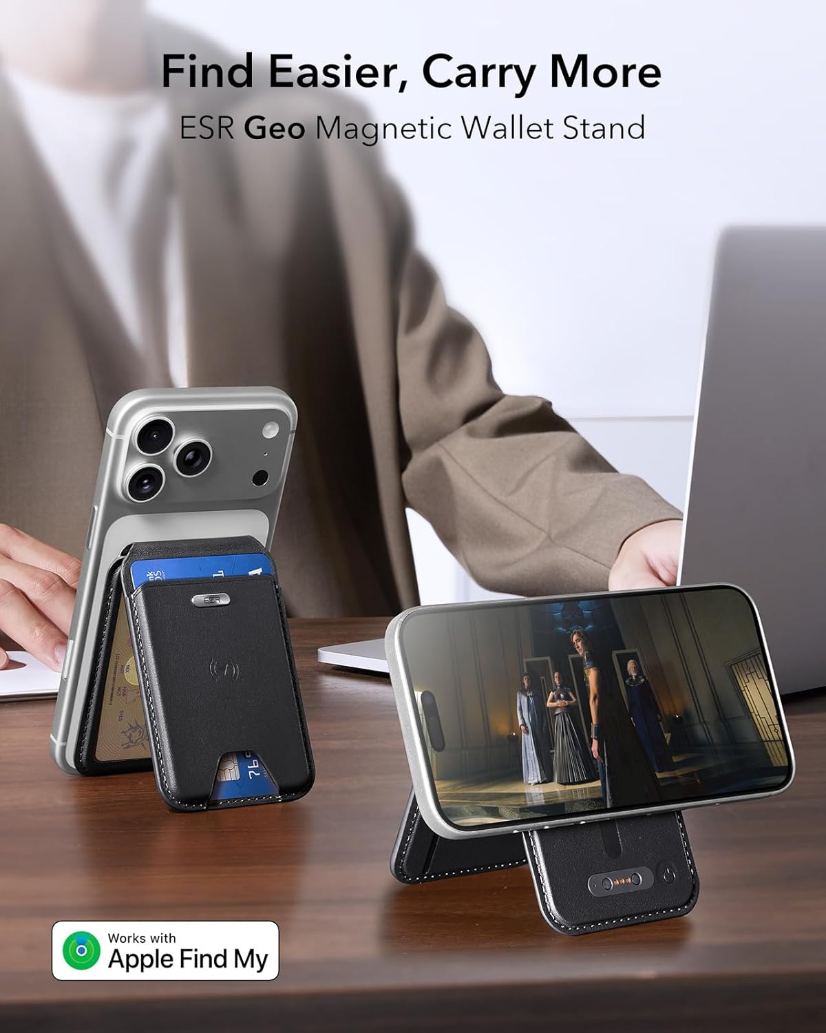 Thumbnail 1 de ESR Geo for MagSafe Wallet with Full Find My, 5-Card Holder, RFID Blocking & Adjustable Stand (Black)