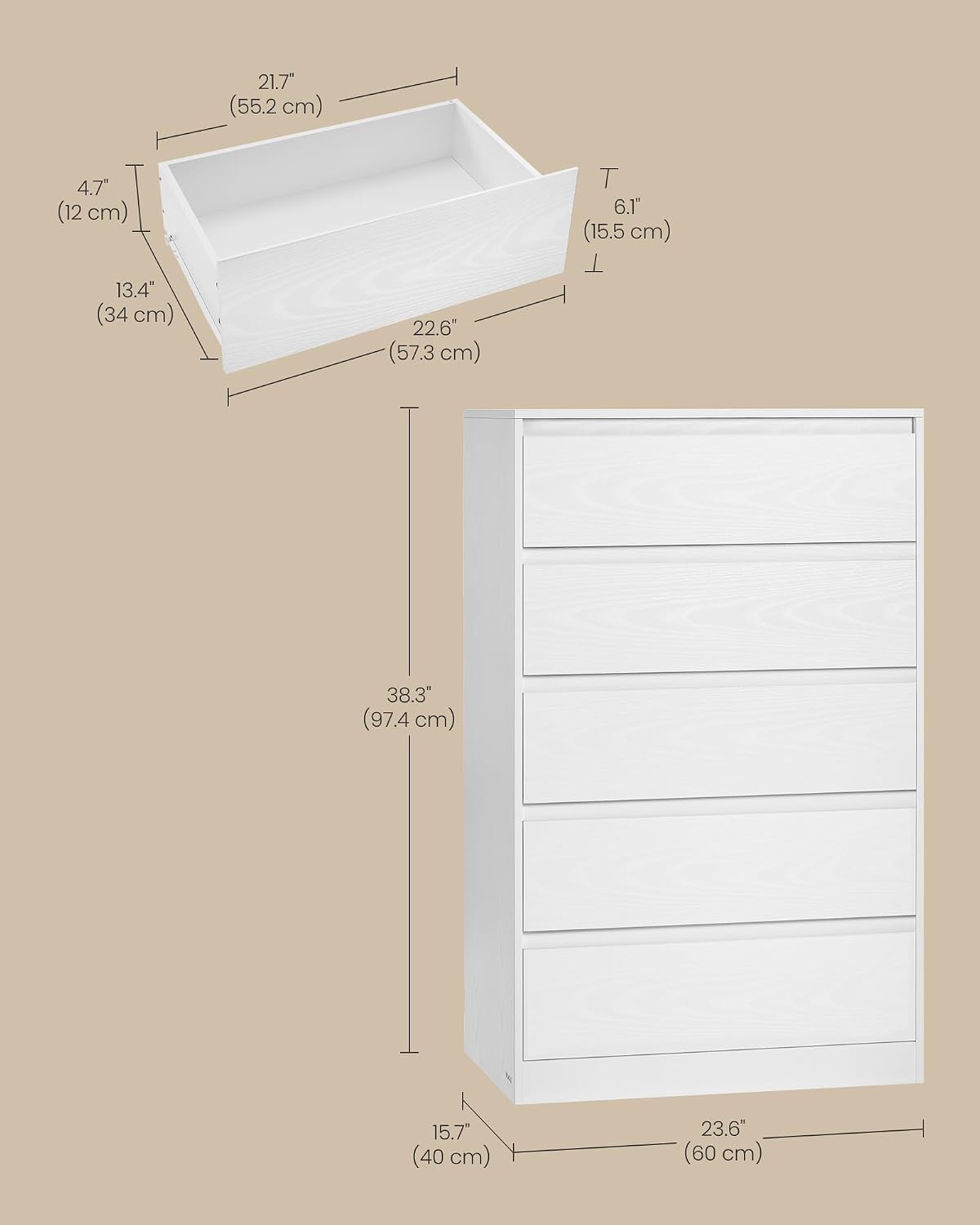 Thumbnail 1 de VASAGLE KAILYN 5-Drawer Chest of Drawers in Snow White (LTS605WE01) – Slim, Modern Storage