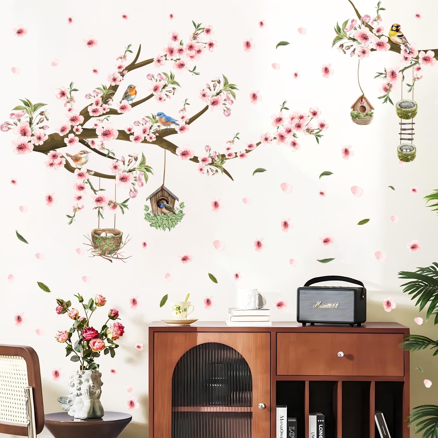 Detalle de HPNIUB Pink Flower Tree Branch Birds Wall Stickers (84 x 30cm) for Bedroom, Living Room & Office