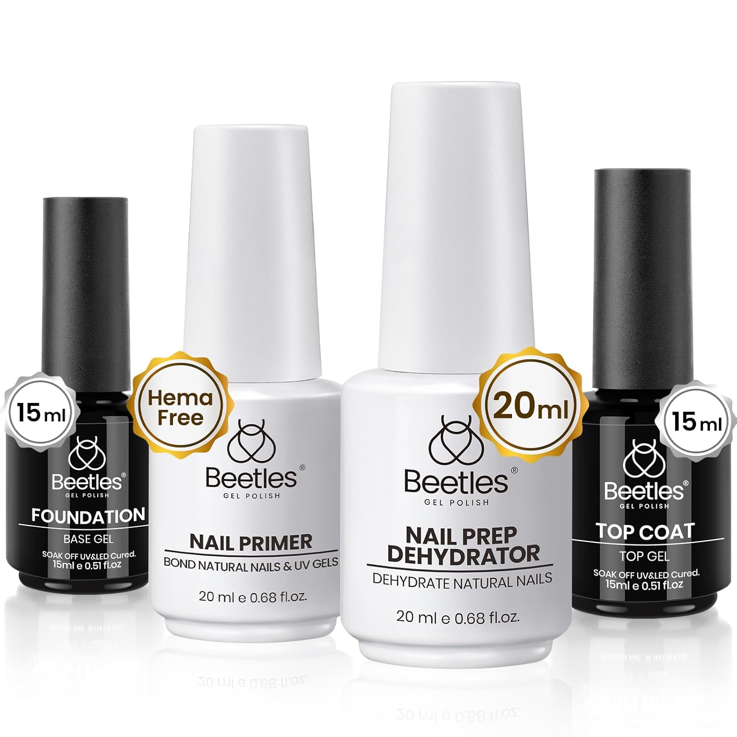 Beetles 4-teiliges Base-/Top-Coat-Set mit Nagel-Dehydrator & Säurefreiem Bond-Primer (15 ml + 20 ml)