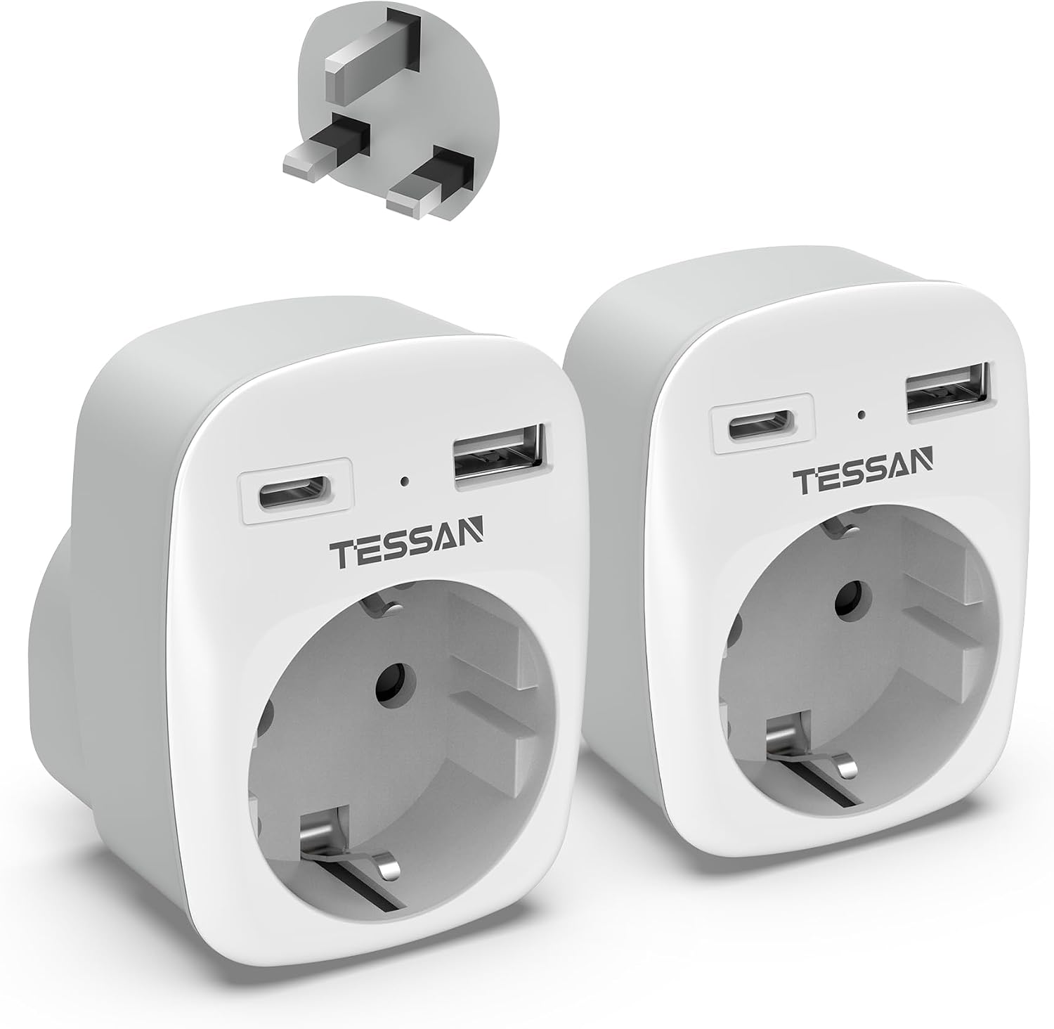 Detalle de TESSAN 2er Pack Reiseadapter England Deutschland – 3-in-1 UK Stecker mit USB-C und USB-A, 3250 W, kompakt