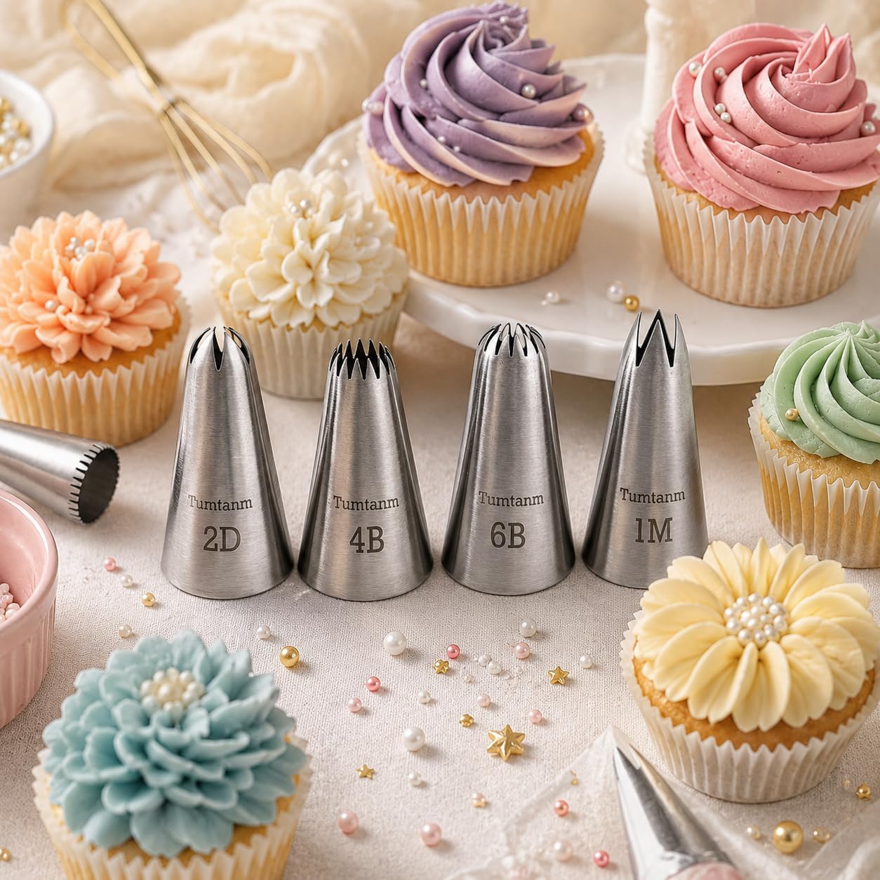 Detalle de Tumtanm #1M #2D #4B #6B Large Piping Nozzles – 4pc Stainless Steel Set for Cakes & Baking