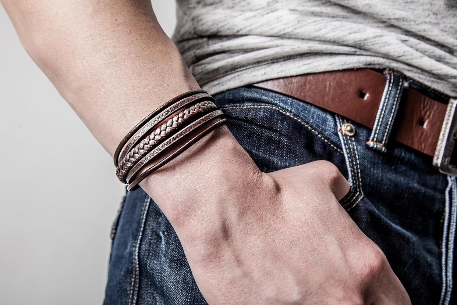 Detalle de SERASAR Bracelet en Cuir Noir Marron