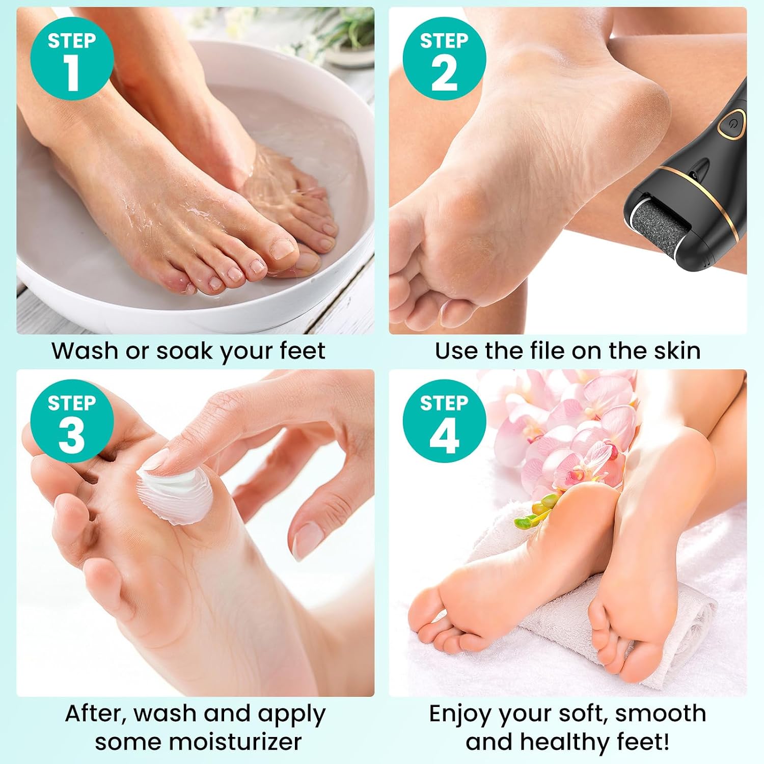 Detalle 2 de Rapeuse pieds électrique – kit pédicure professionnel anti-callosités, 2 vitesses, 3 rouleaux, IPX7