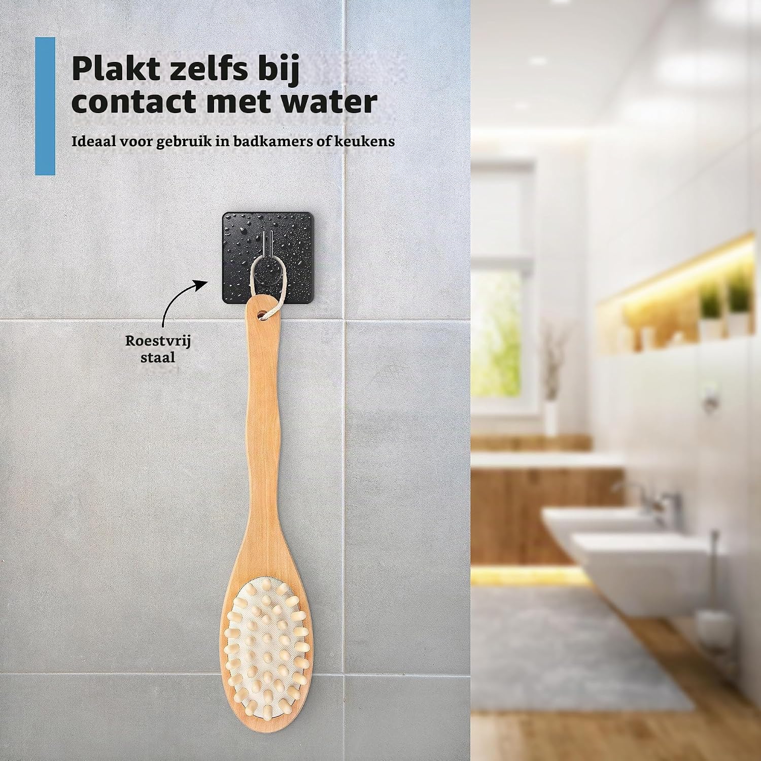 Detalle 2 de virea 4x zelfklevende wandhaken van roestvrij staal, zwart, tot 8 kg