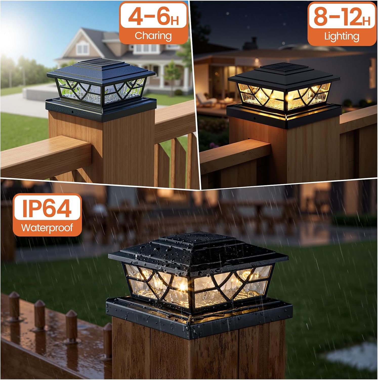 Detalle de APONUO TZ27 Solar Post Cap Lights, 12-Pack, 3000K/6000K, IP65, Black