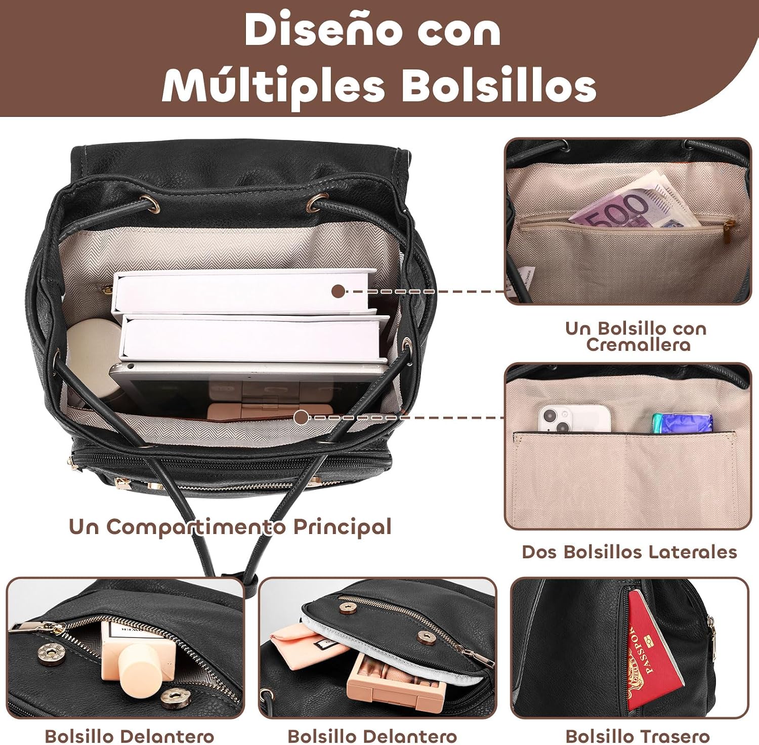 Thumbnail 4 de Leathario Mochila Mujer Cuero PU multibolsillos 32x14,6x35 cm