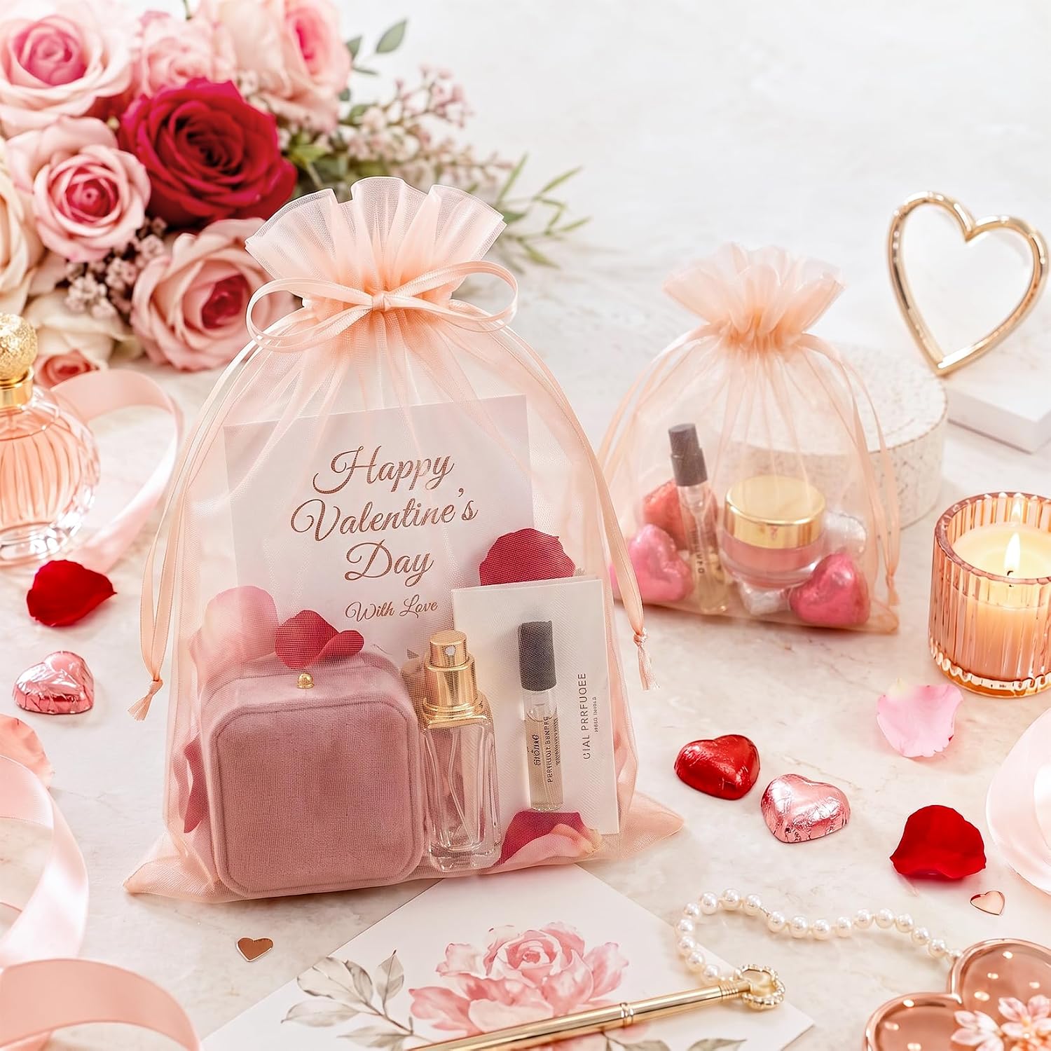 Thumbnail 3 de FUNFERY 100Pcs Peach Champagne Sheer Organza Bags 5x7 in