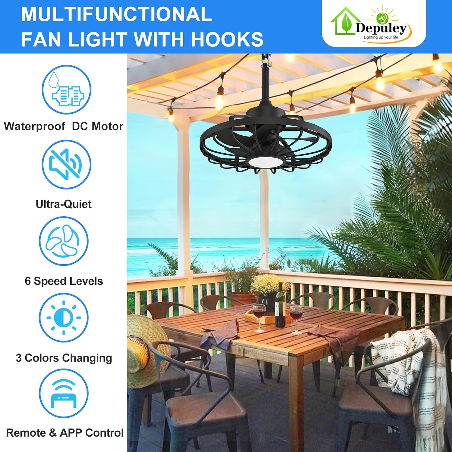 Detalle de Depuley 42-Inch Outdoor Ceiling Fan with Lights, Walnut Waterproof Gazebo Fans (Remote & App Control)