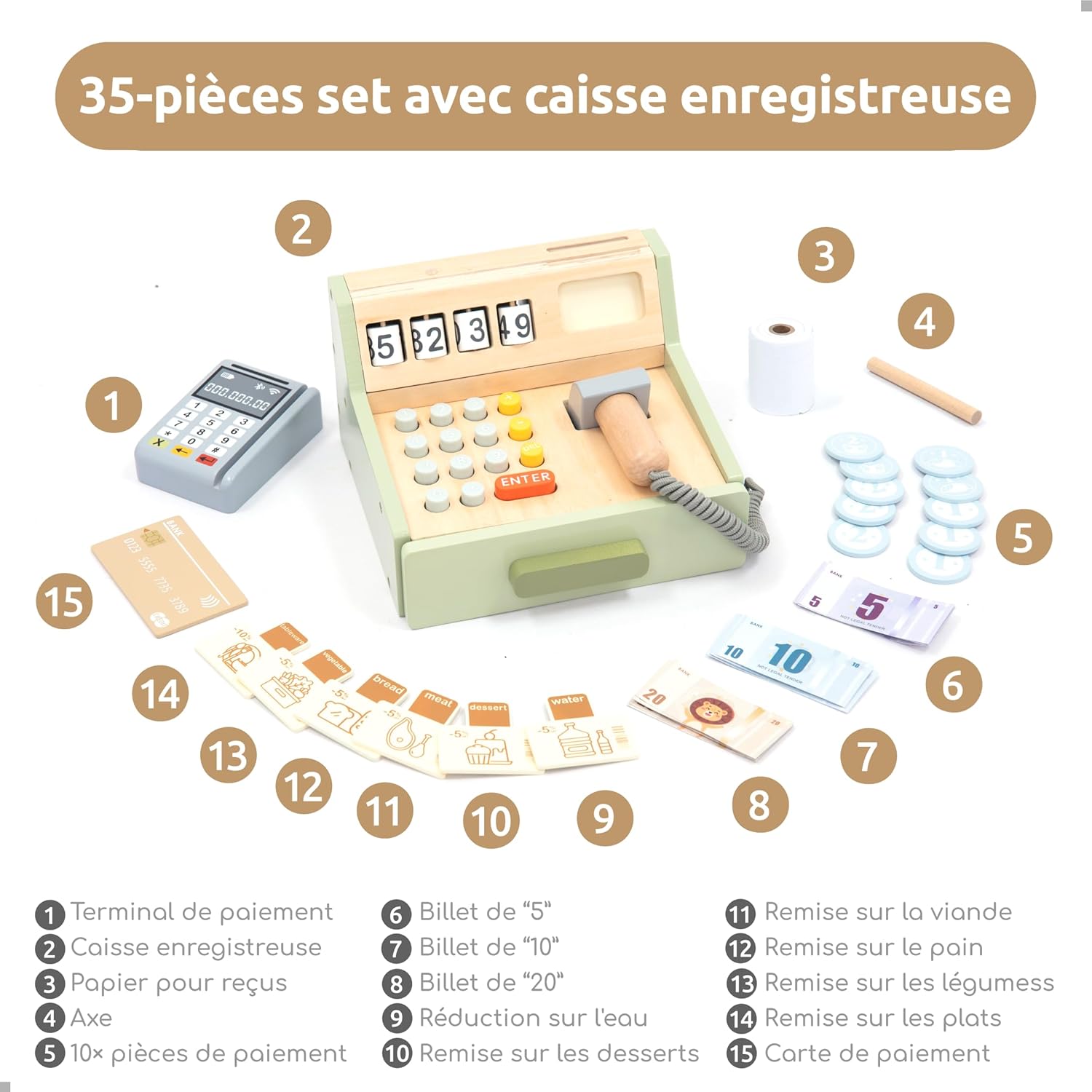Detalle de UMU® Caisse Enregistreuse en Bois pour Enfants avec Accessoires (Scanner, Terminal de Paiement, Argent de Jeu) – Ensemble de 35 pièces