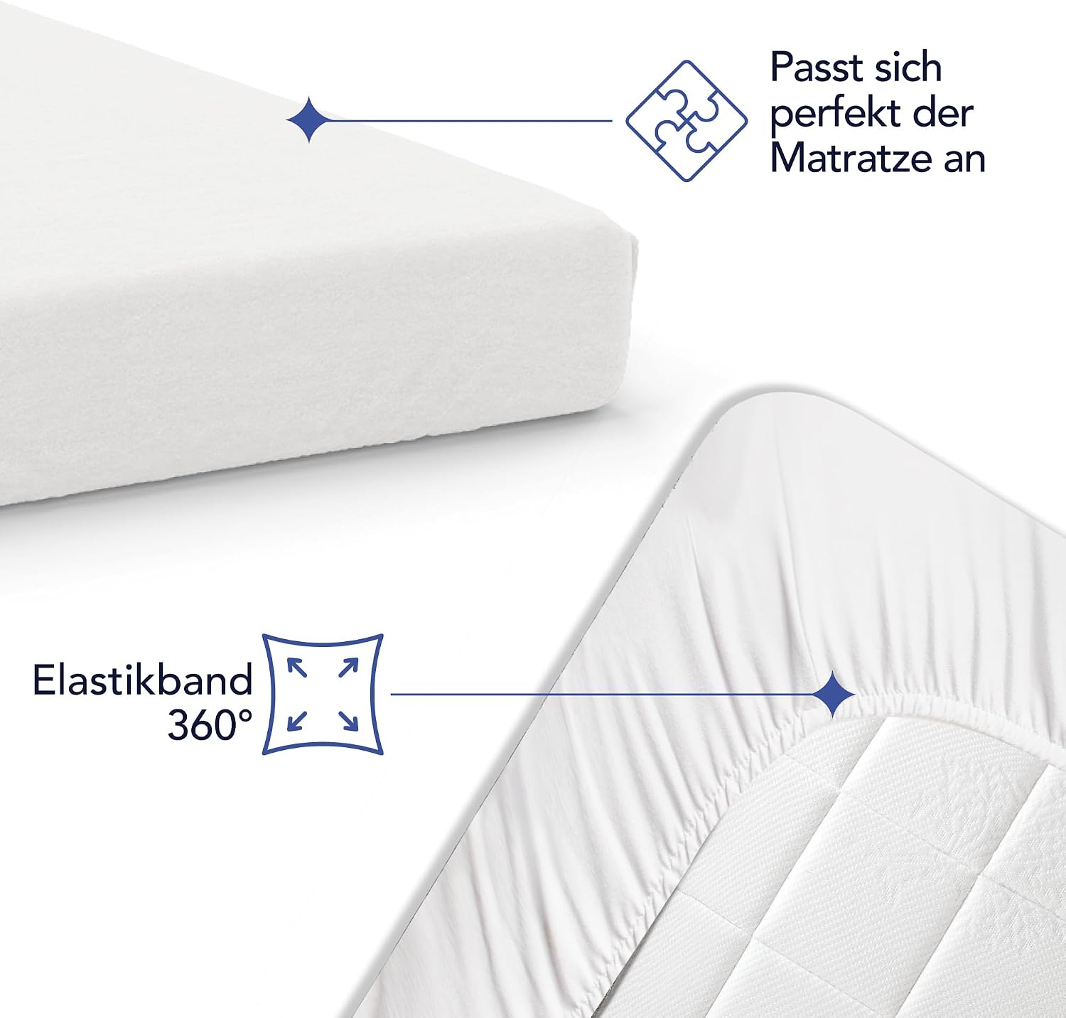Detalle de Dreamzie Spannbettlaken 160x200 cm (Jersey, 100% Baumwolle) – Steghöhe 30 cm, weiß