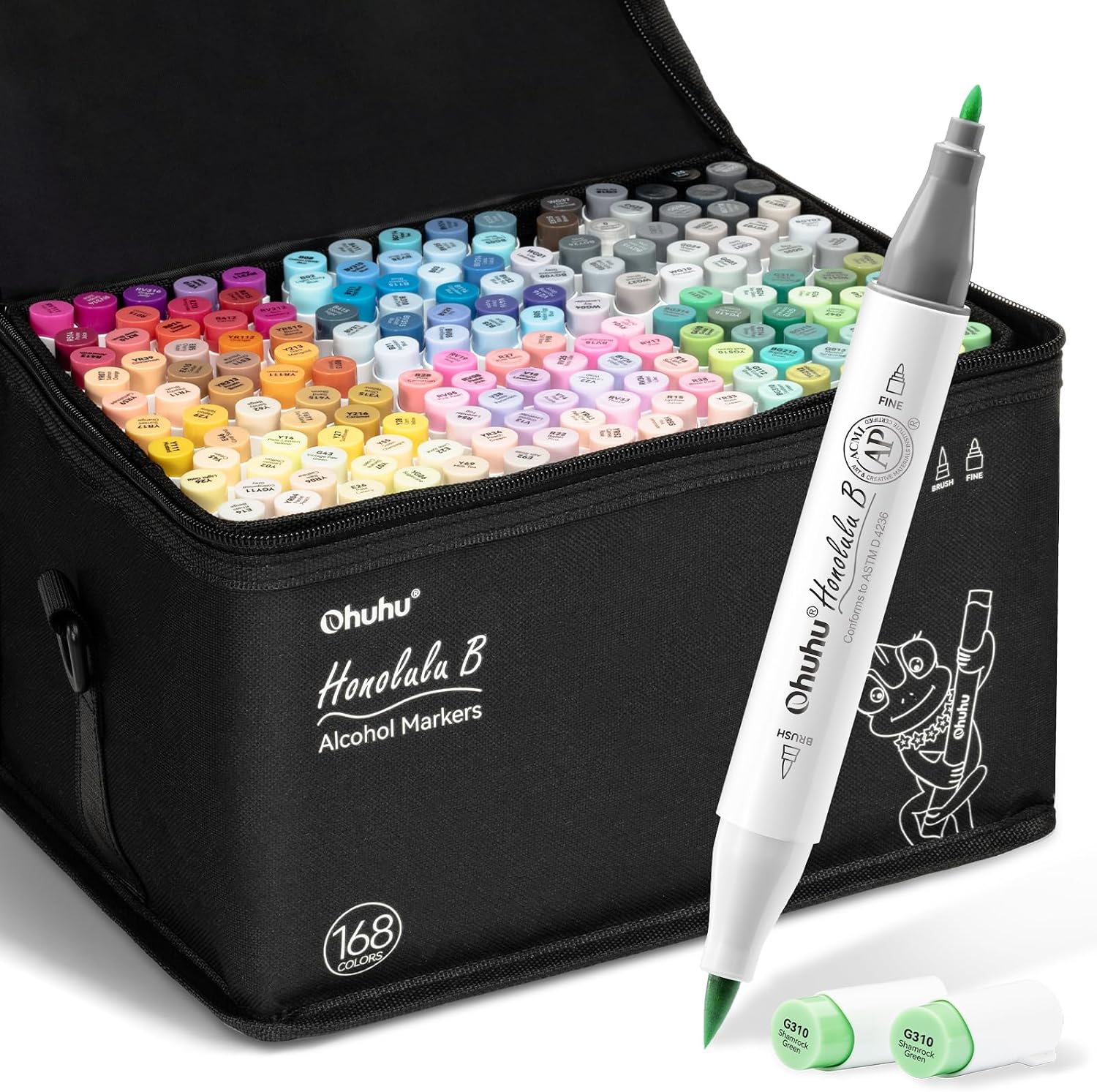 Ohuhu Alkohol Marker Set 168 Farben (Pinsel & Feinsptitze) – Honolulu B, nachfüllbar, AP-zertifiziert