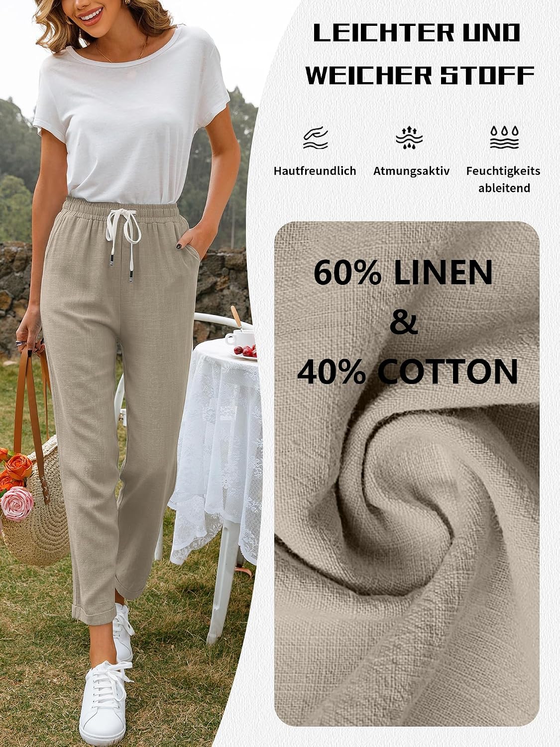Detalle 2 de Hormtaer Damen Leinen-Sommerhose 7/8 – leichte Baumwolle-Leinenhose mit Taschen