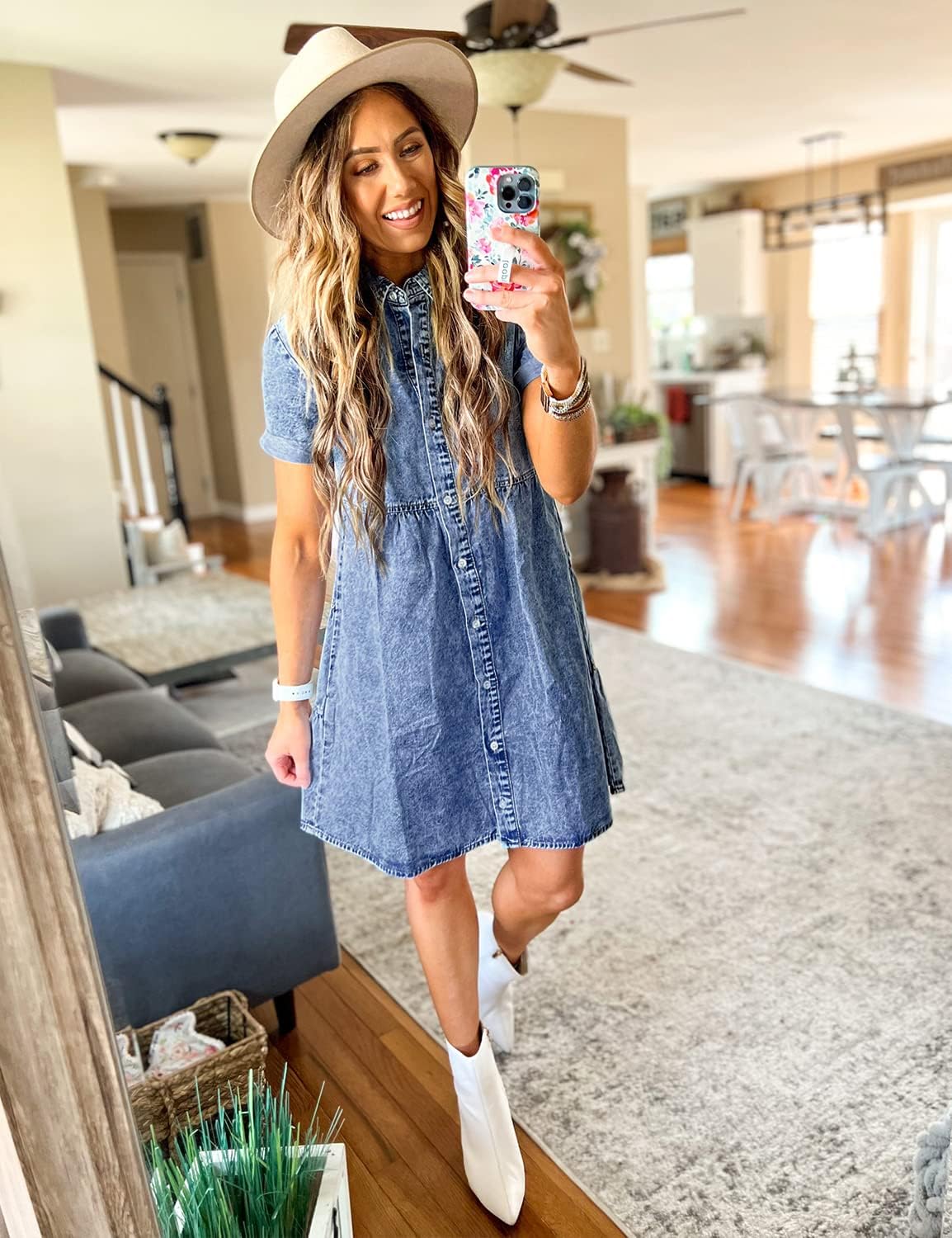 Thumbnail 2 de LookbookStore Women’s Short Sleeve Button Down Flowy Tiered Babydoll Denim Dress