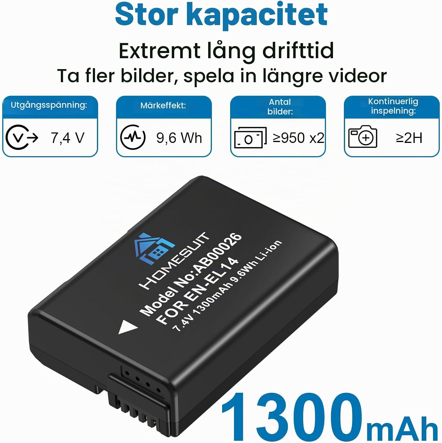 Detalle de Homesuit EN-EL14/EN-EL14a batterisats med USB-dubbelladdare, 2-pack