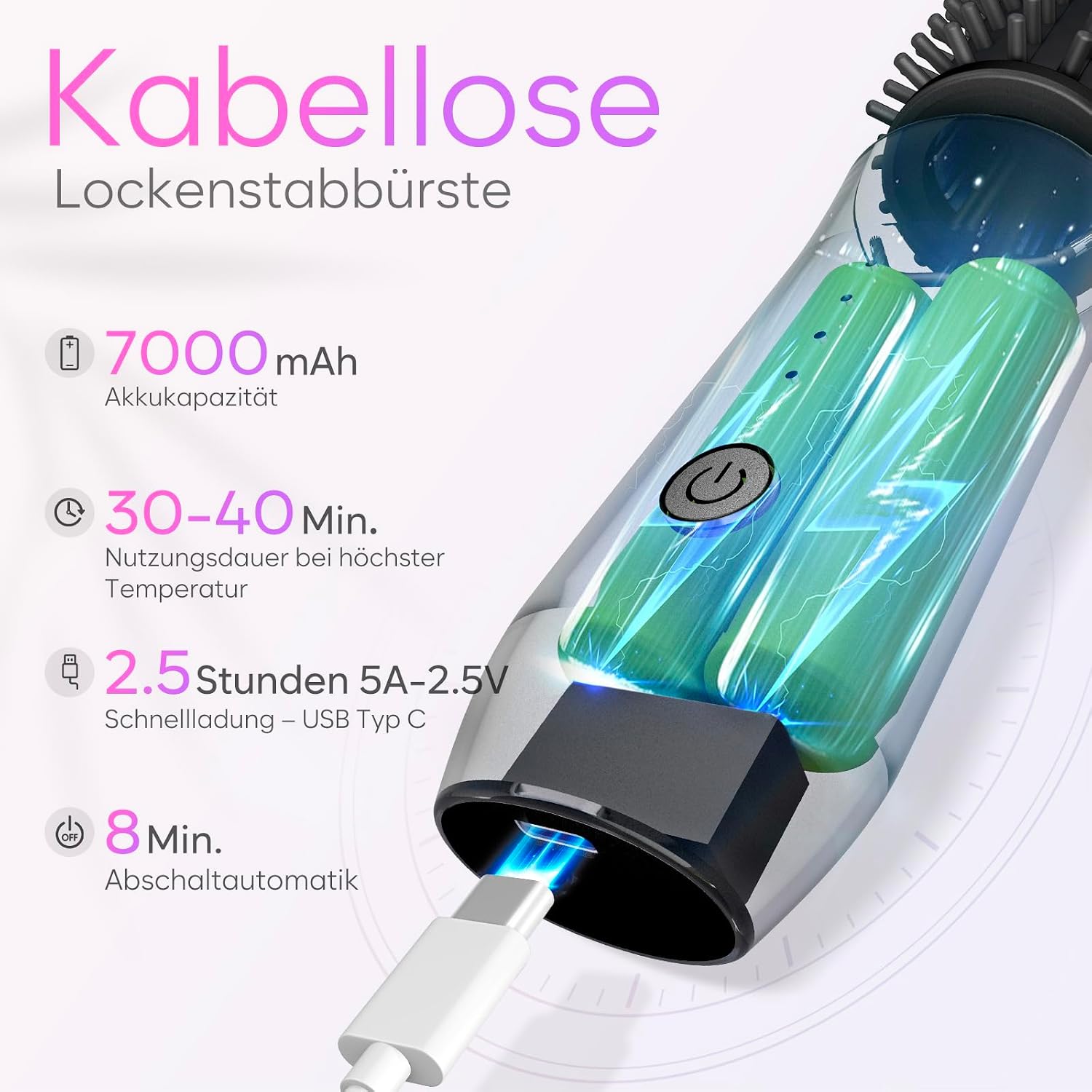 Detalle 2 de Kabellose Lockenstabbürste – NEU Tragbare Reise-Lockenstab-Minibürste, USB-Aufladung, 7000 mAh, Negativ-Ionen, Schwarz