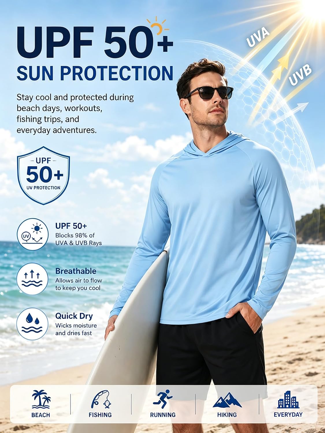 Detalle de ZITY Men's Sun Protection Hoodie Shirt: 3-Pack UPF 50+ Lightweight Rash Guard