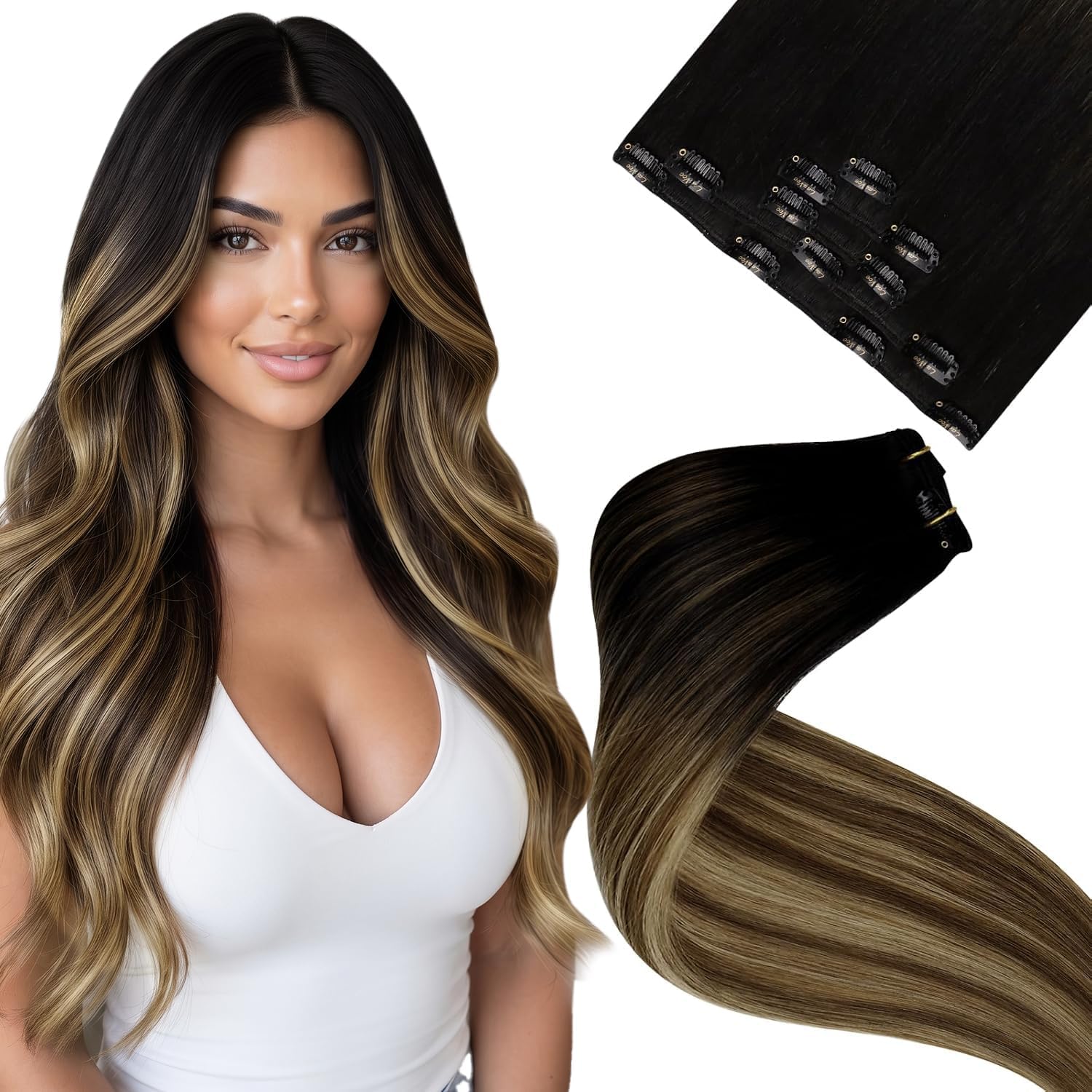 Detalle de LaaVoo clip-in extensions van echt haar, 30 cm, 80 g, balayage #1b/4/27