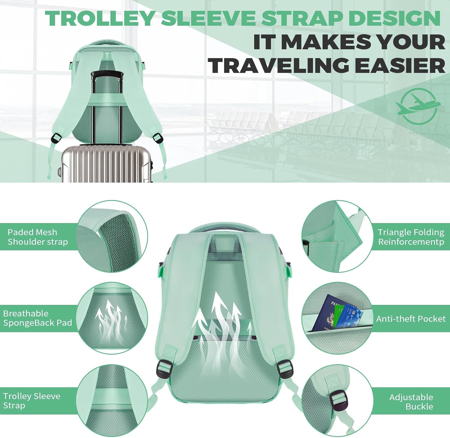 Detalle de Zaino da viaggio per cabine Ryanair – 40×36×20 cm, zaino bagaglio a mano resistente all’acqua