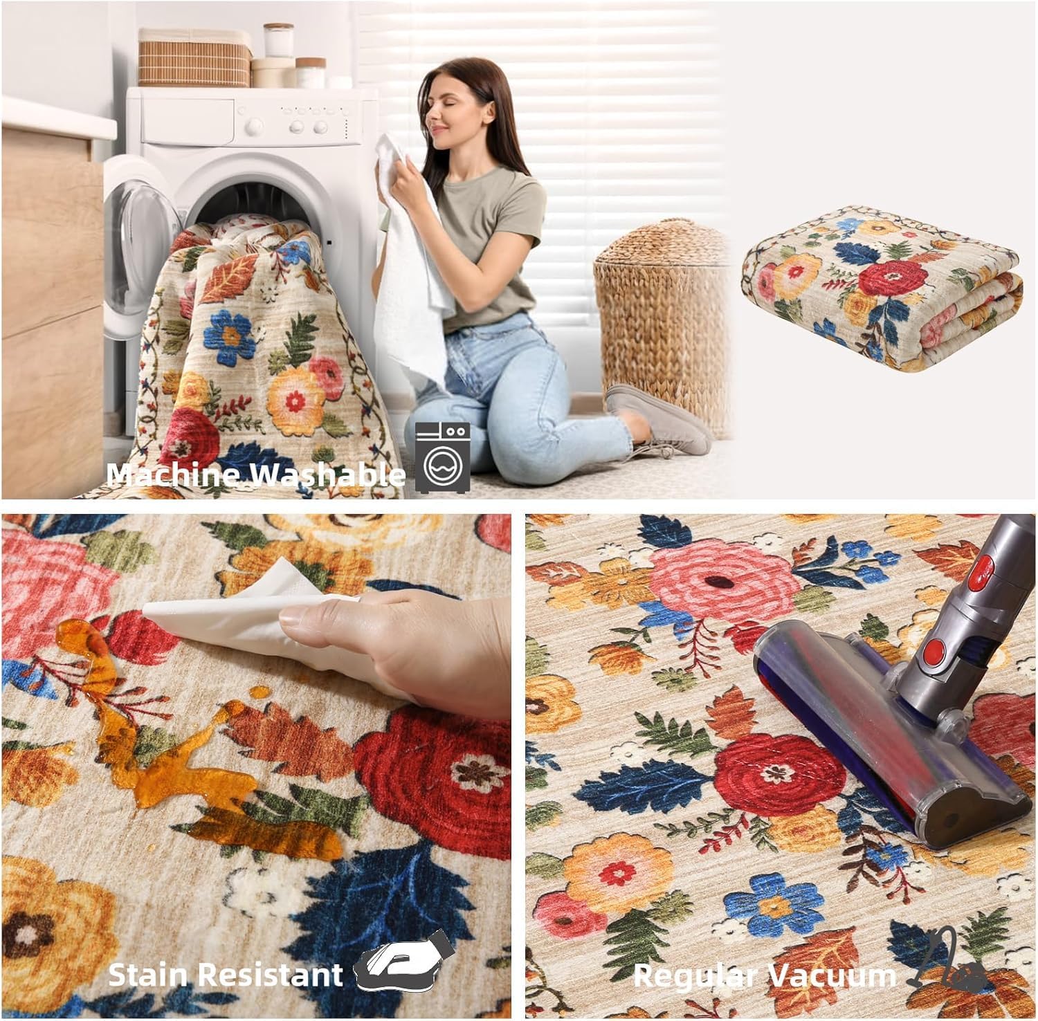 Thumbnail 4 de 8x10 Washable Distressed Floral Area Rug
