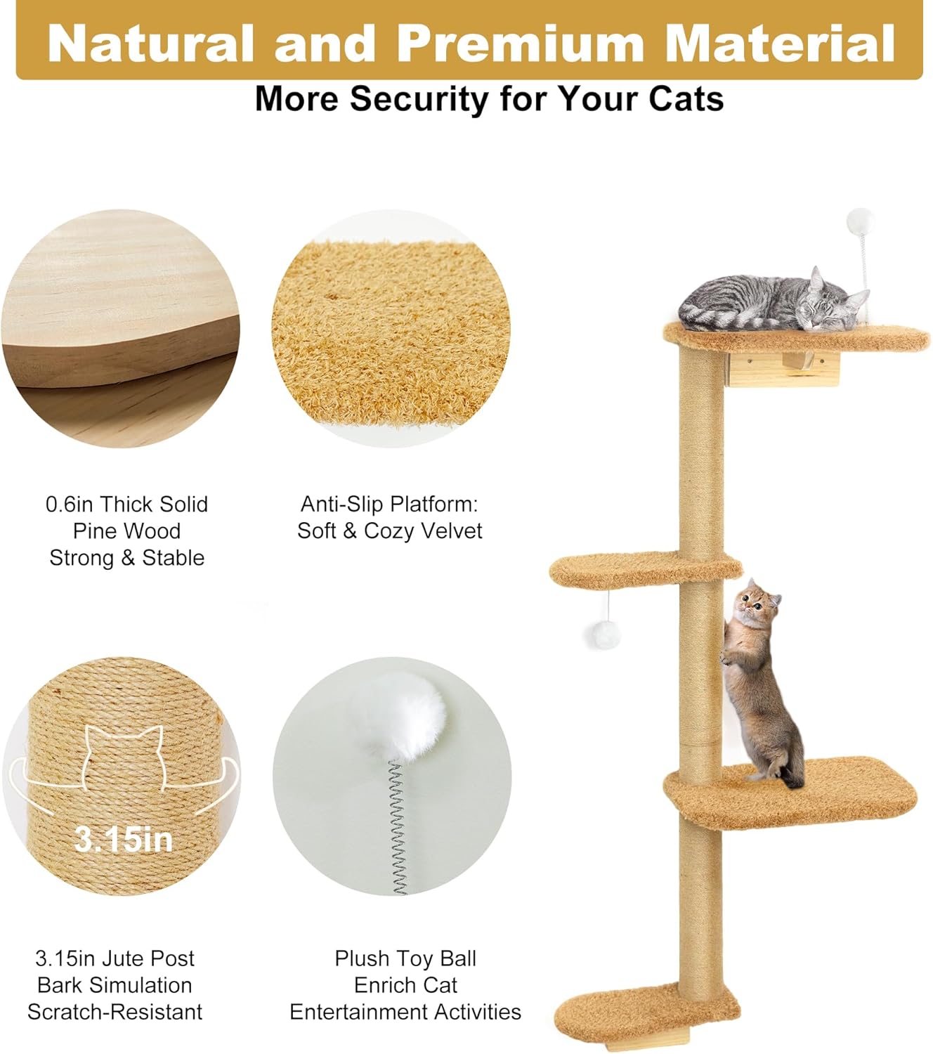 Detalle 2 de Brown Wall Mounted Cat Wall Climber 49″ tall 🐱
