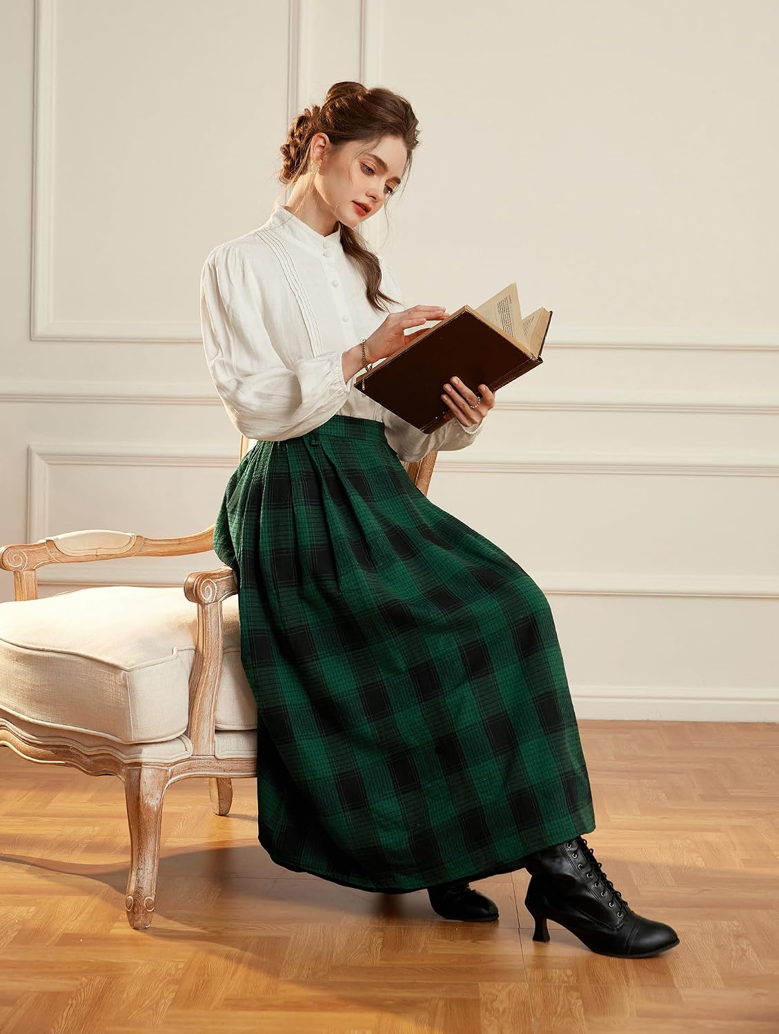 Detalle 2 de SCARLET DARKNESS Jupe médiévale femme à carreaux – longue, taille élastique, motif plaid et boutons (cosplay)